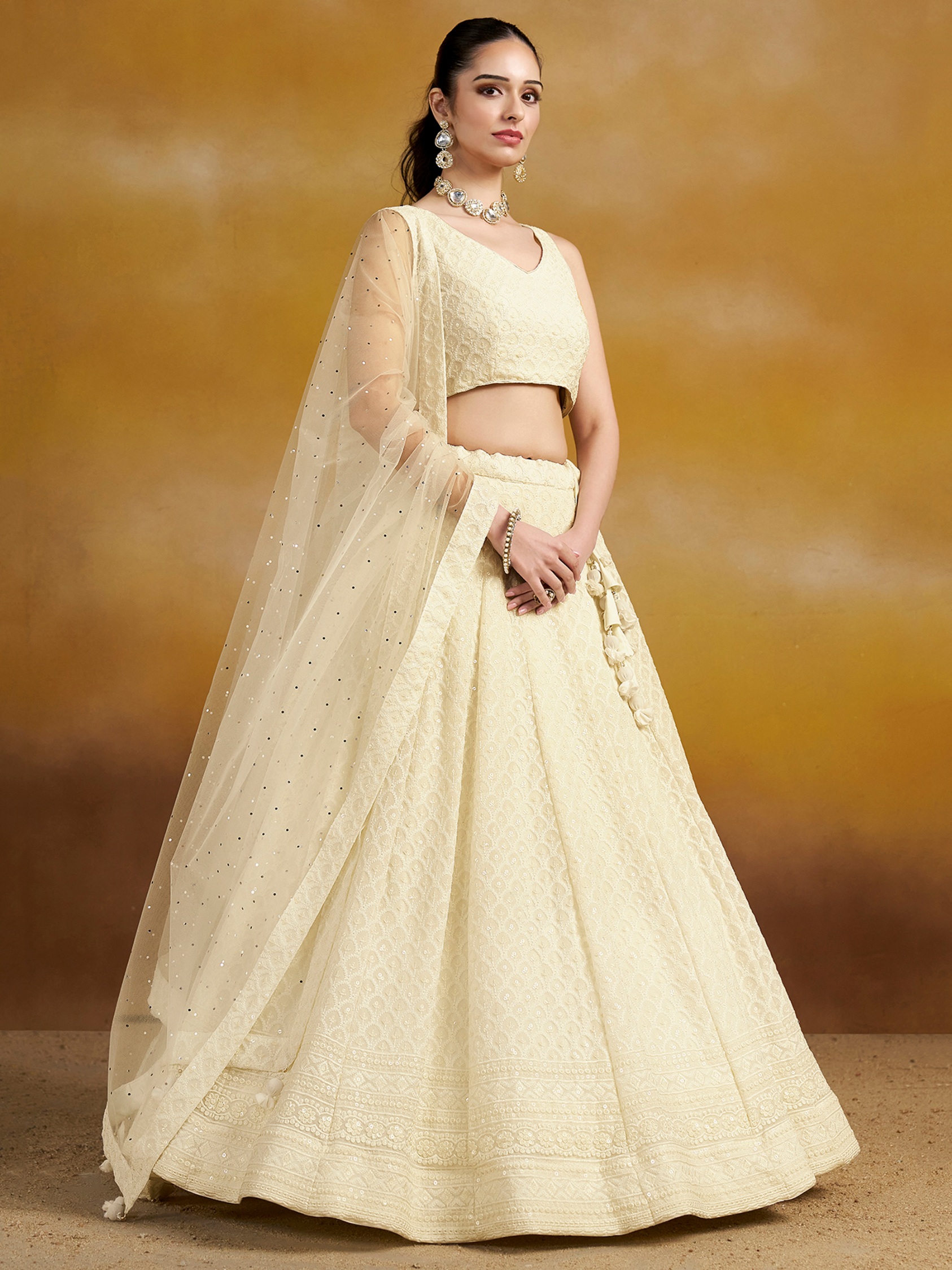 White Georgette Thread Sequins Embroidery Lehenga Choli