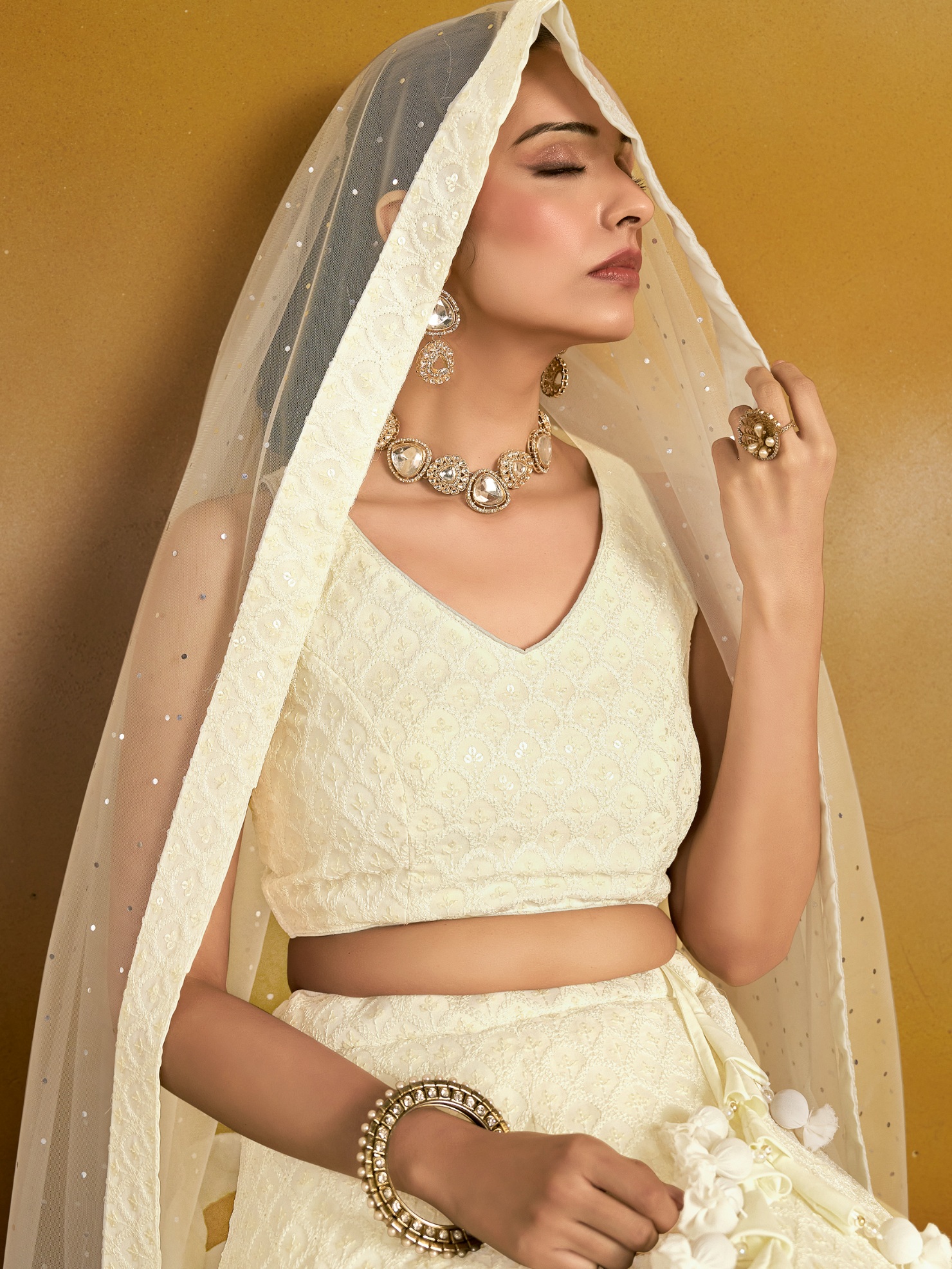White Georgette Thread Sequins Embroidery Lehenga Choli