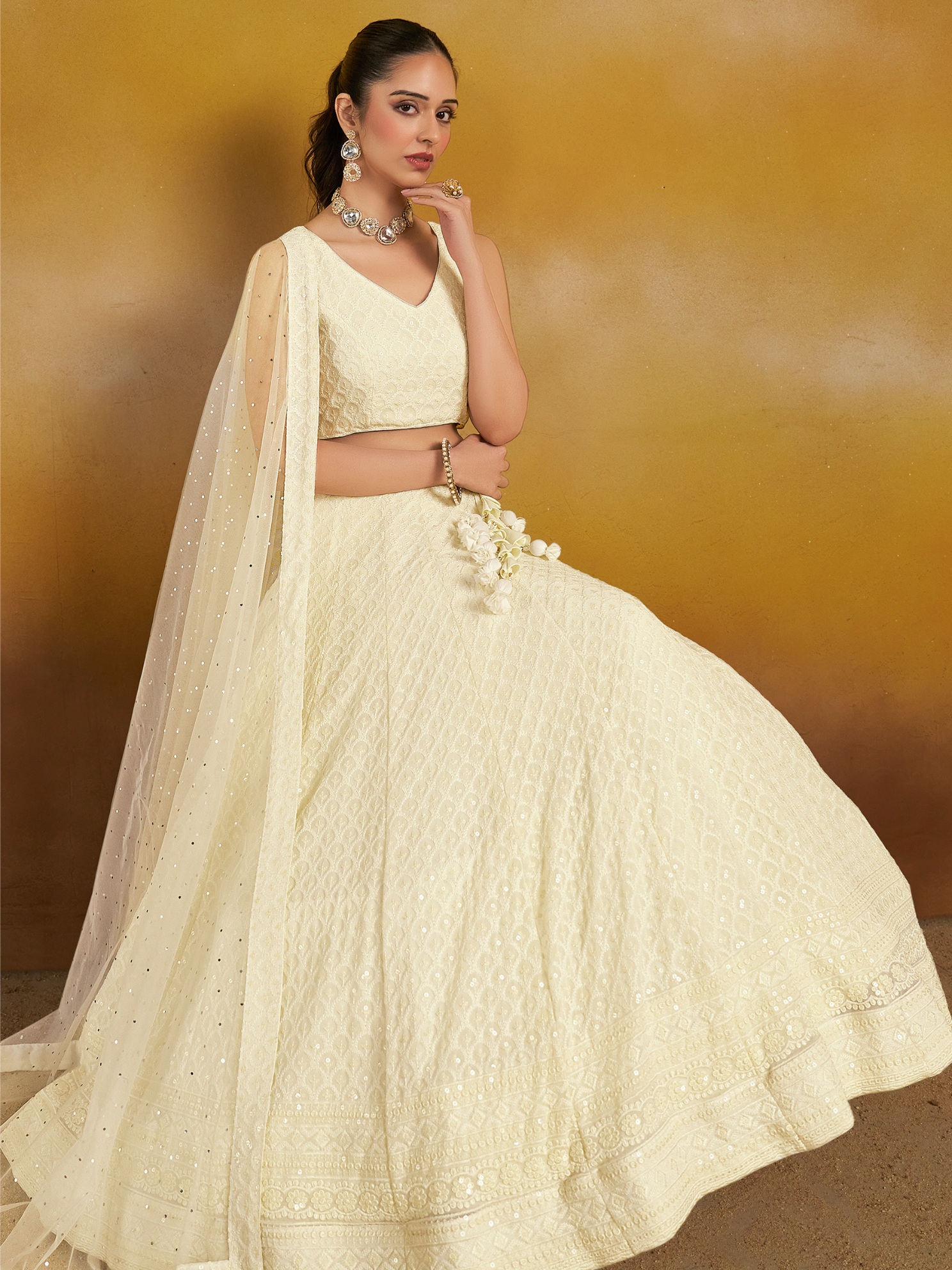 White Georgette Thread Sequins Embroidery Lehenga Choli