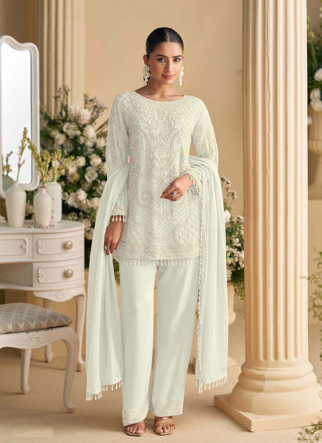 White Heavy Designer Embroidered Georgette Salwar Suit