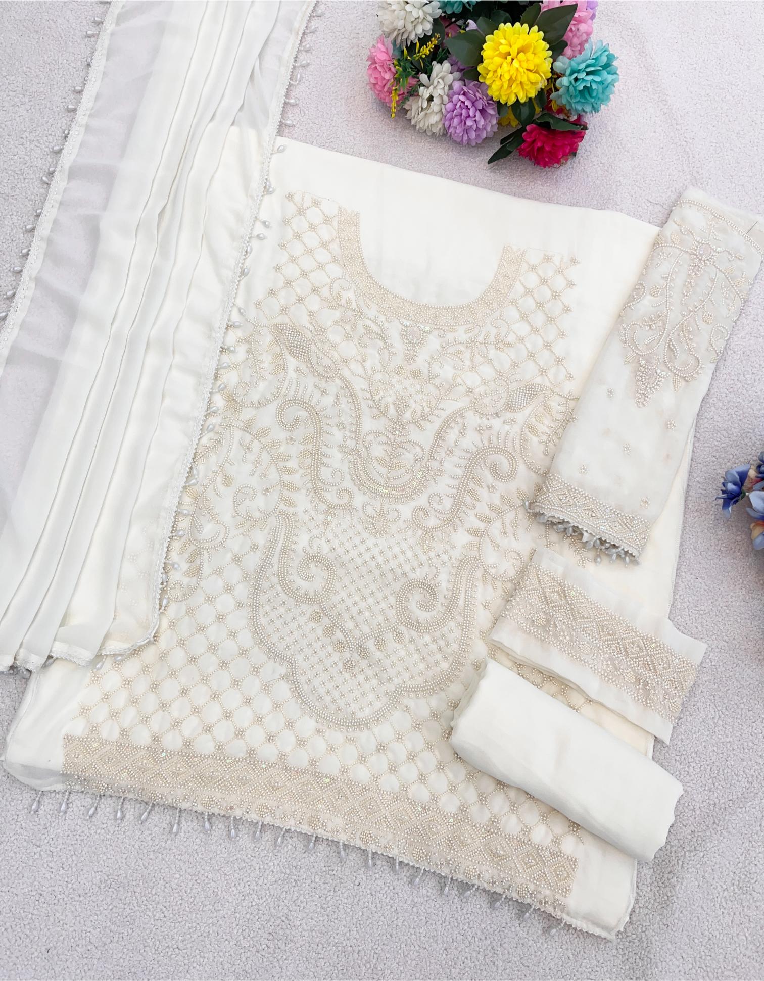 White Heavy Designer Embroidered Georgette Salwar Suit