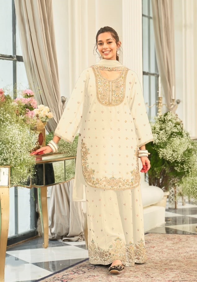 White Heavy Embroidery Chinon Palazzo Suit