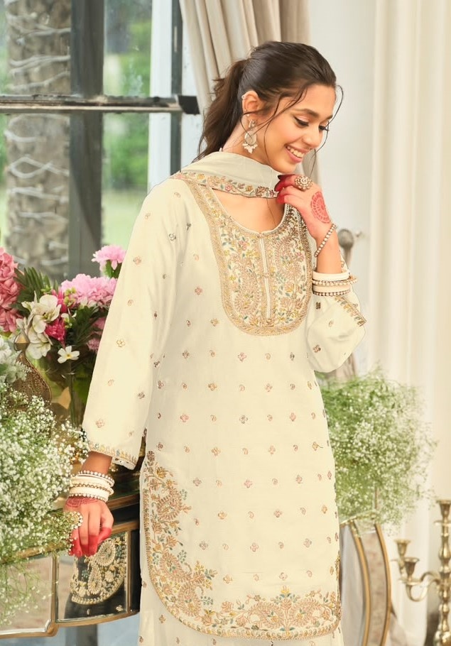 White Heavy Embroidery Chinon Palazzo Suit — alternate view
