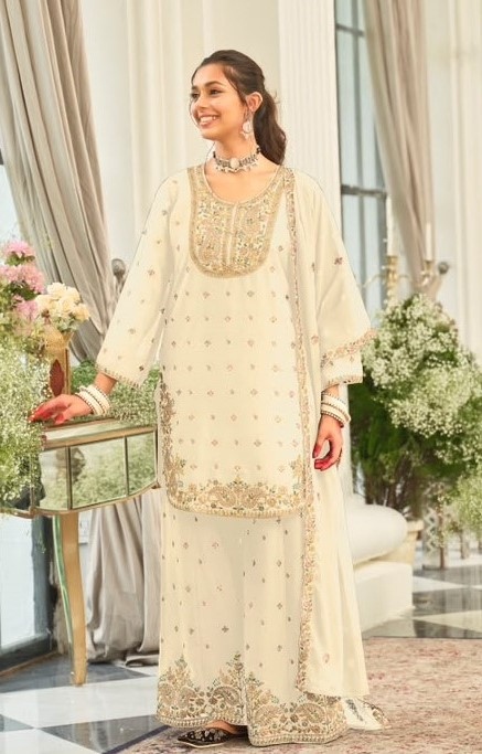 White Heavy Embroidery Chinon Palazzo Suit