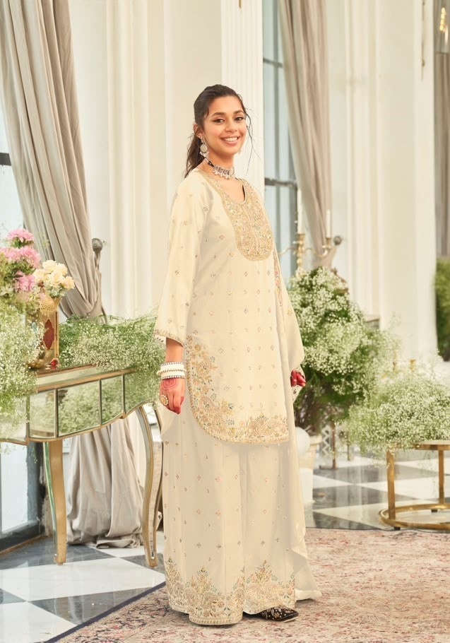 White Heavy Embroidery Chinon Palazzo Suit