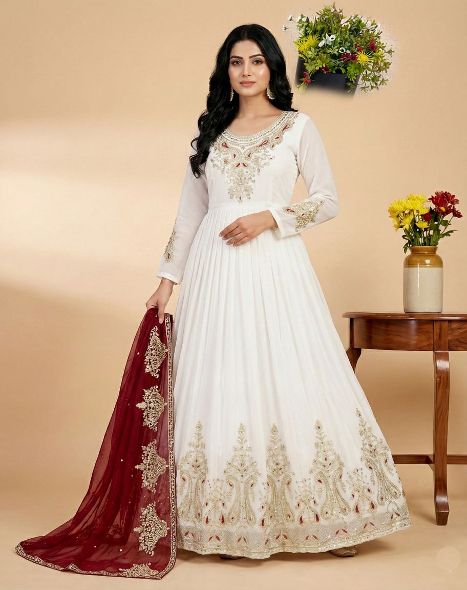 White Heavy Georgette Multi-Thread Embroidered Anarkali Suit Set