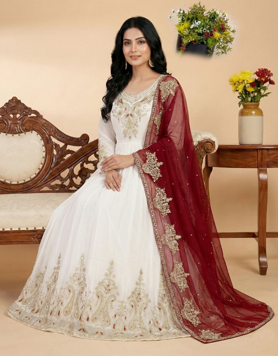 White Heavy Georgette Multi-Thread Embroidered Anarkali Suit Set — alternate view