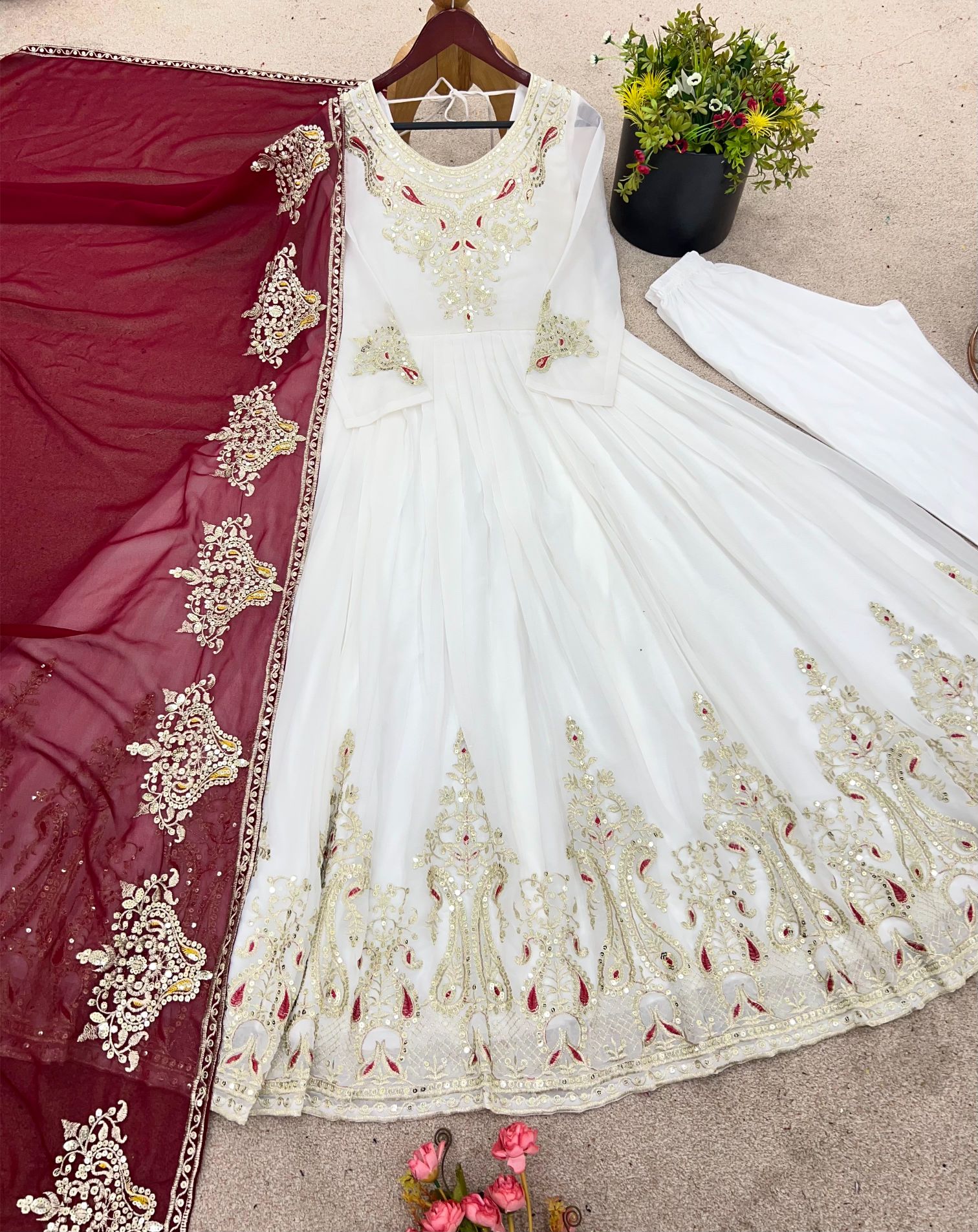 White Heavy Georgette Multi-Thread Embroidered Anarkali Suit Set