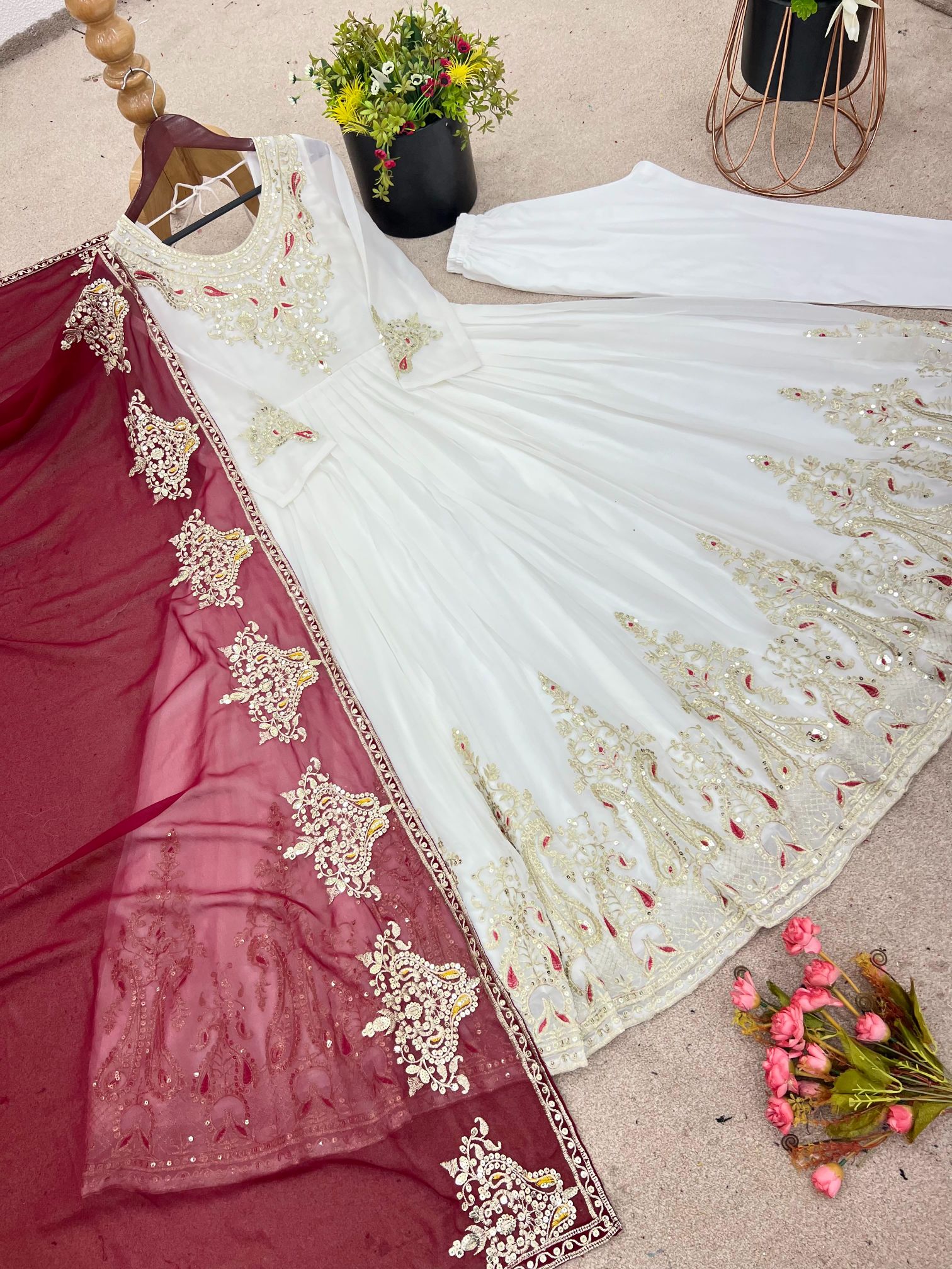 White Heavy Georgette Multi-Thread Embroidered Anarkali Suit Set