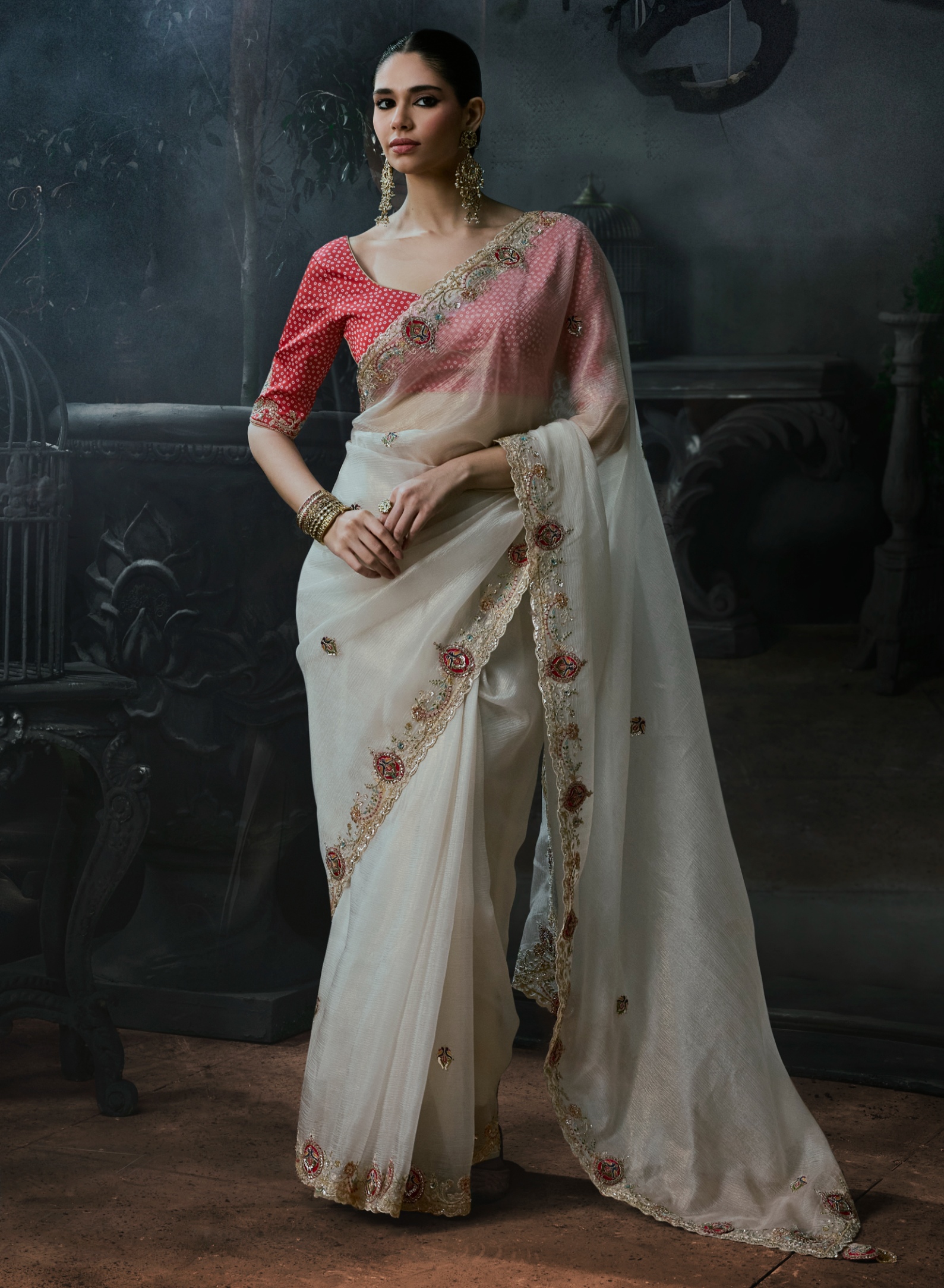 White Heavy Thread Embroidery Tissue Silk Saree