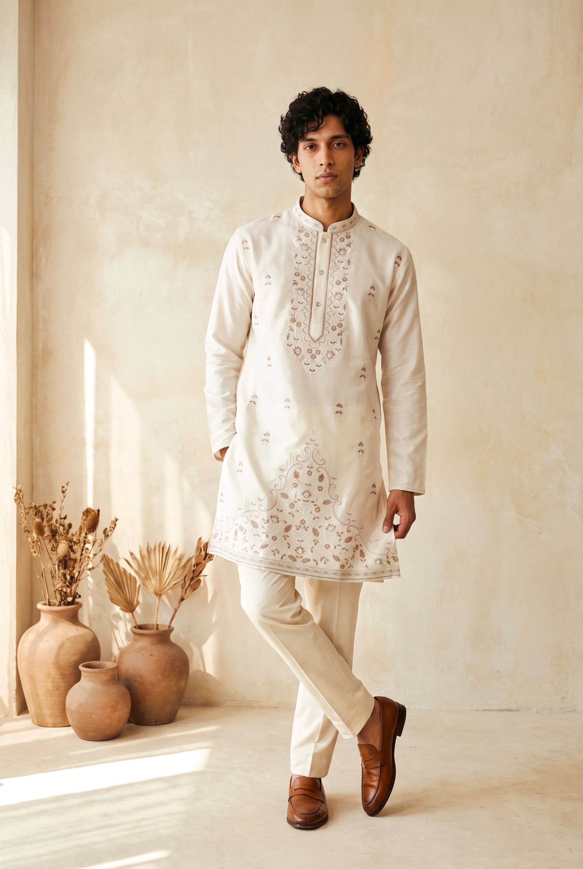 White Heritage Embroidered Silk Kurta Pyjama