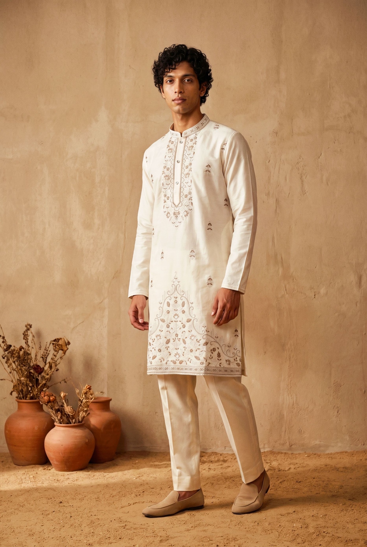 White Heritage Embroidered Silk Kurta Pyjama