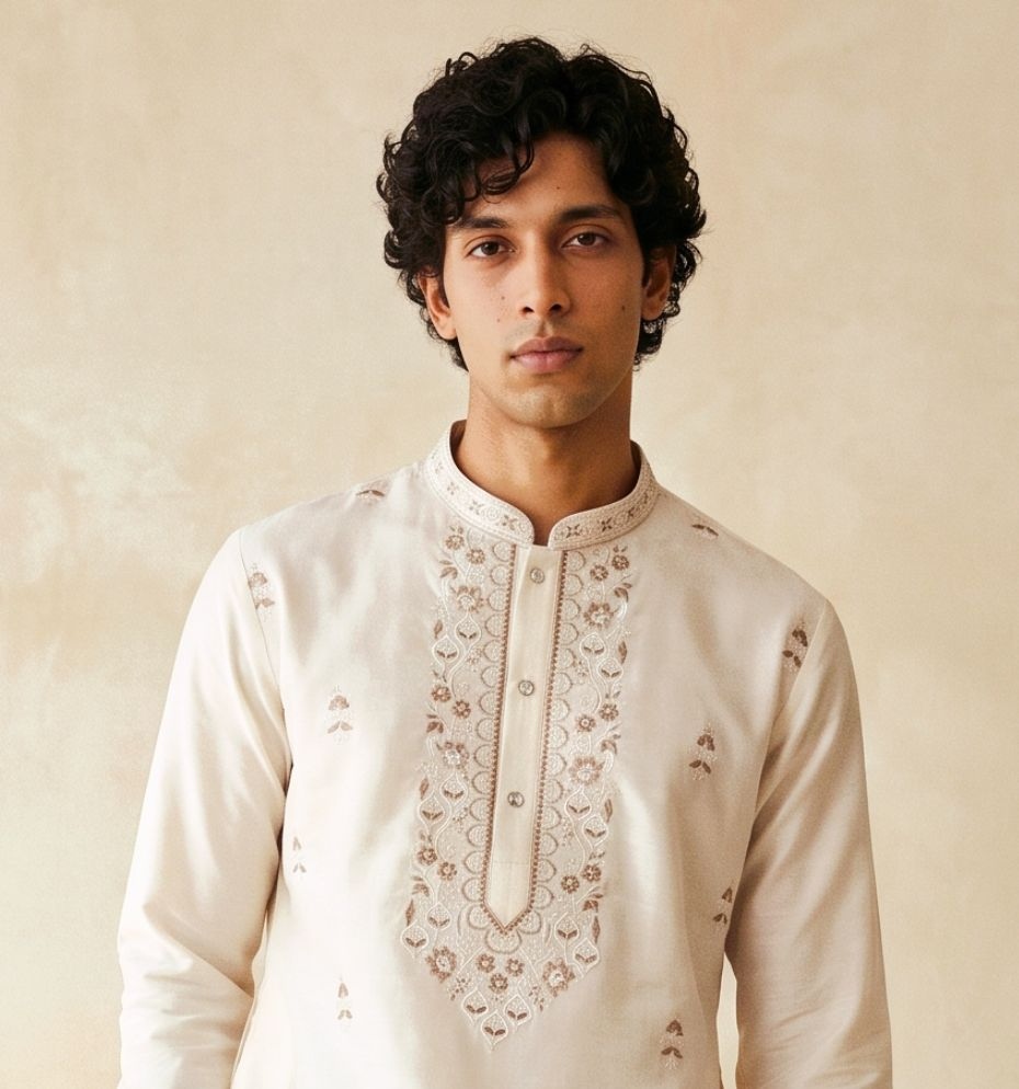 White Heritage Embroidered Silk Kurta Pyjama