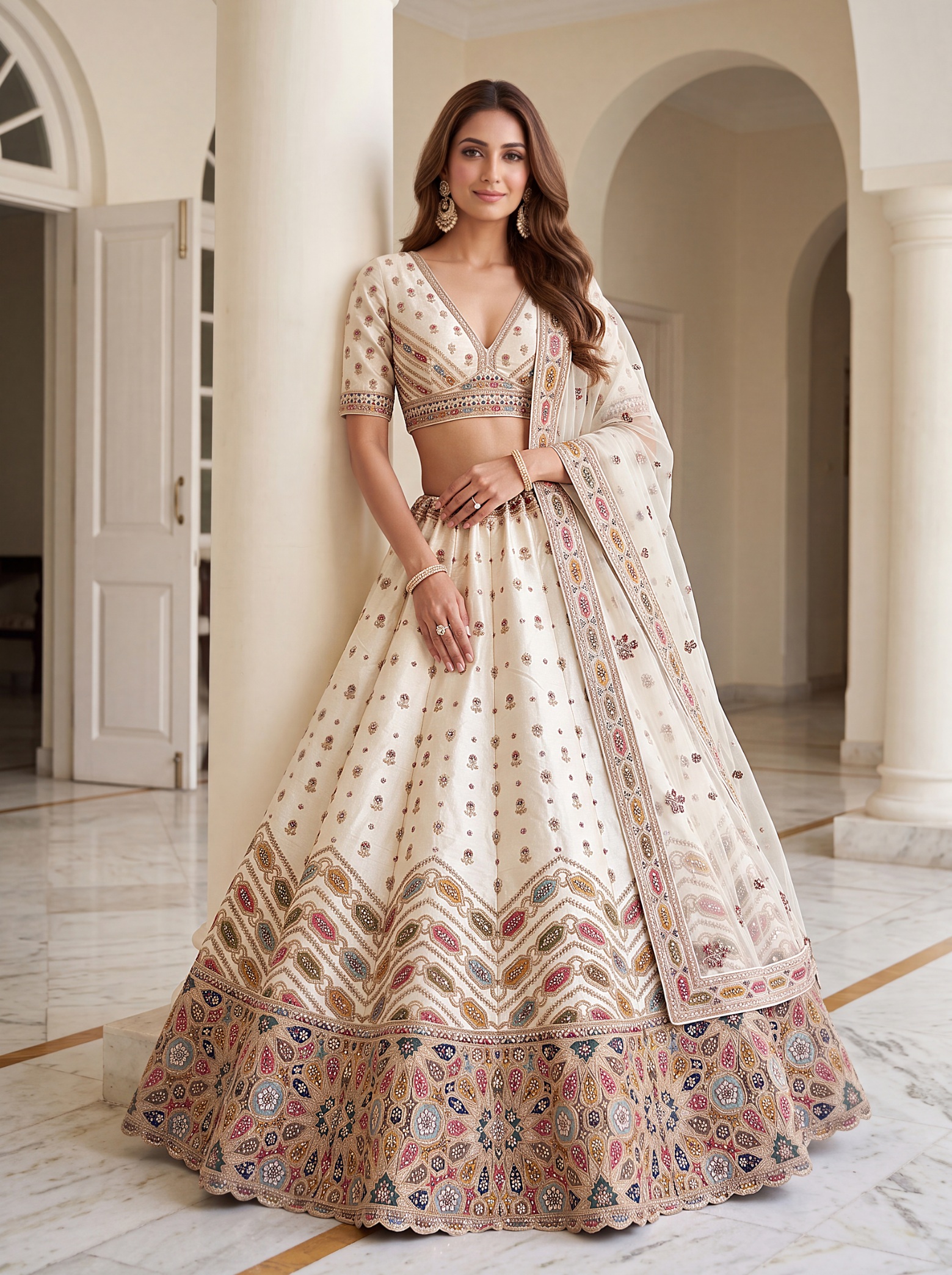 White Heritage Embroidered Silk Lehenga Choli