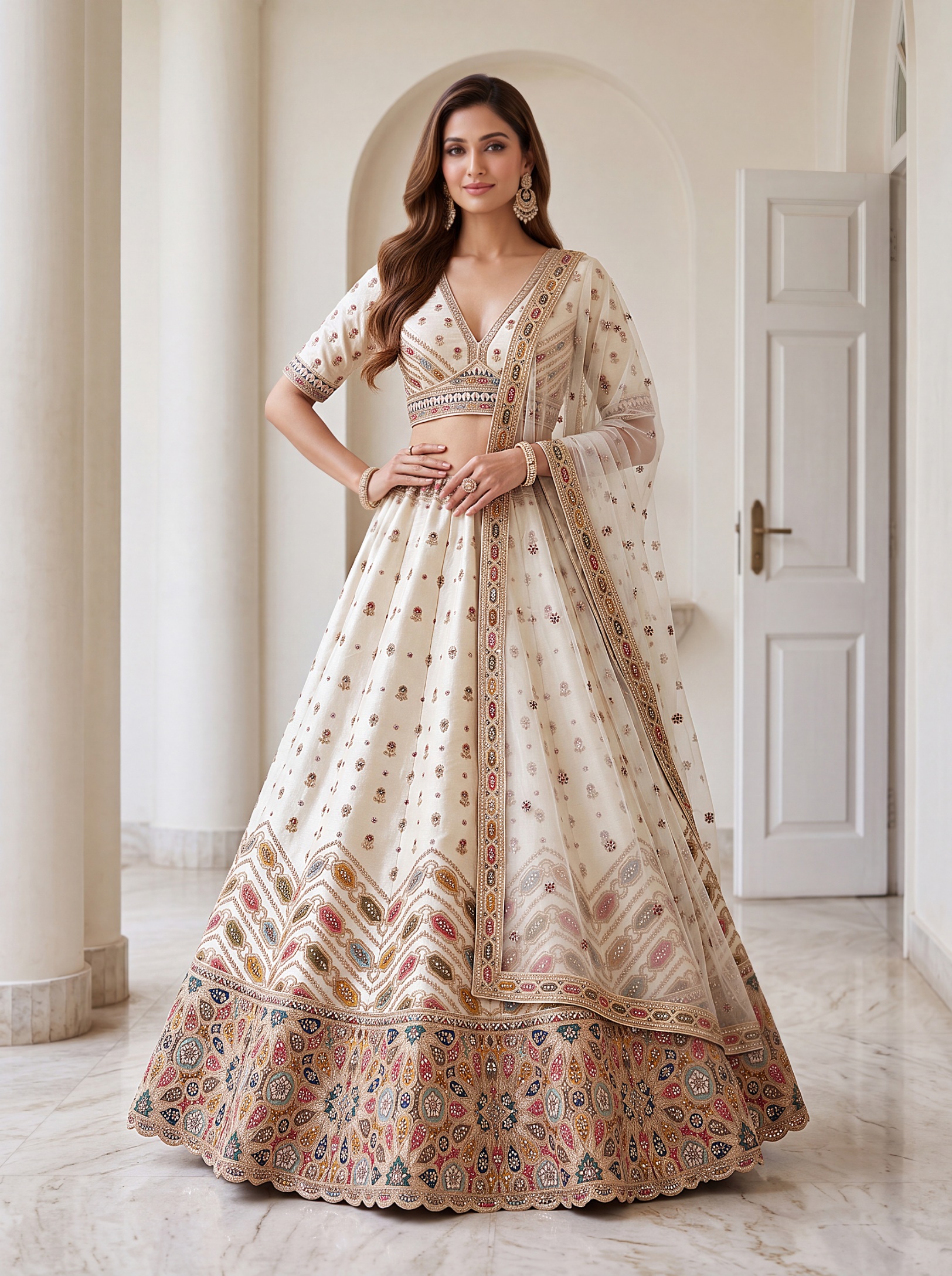 White Heritage Embroidered Silk Lehenga Choli