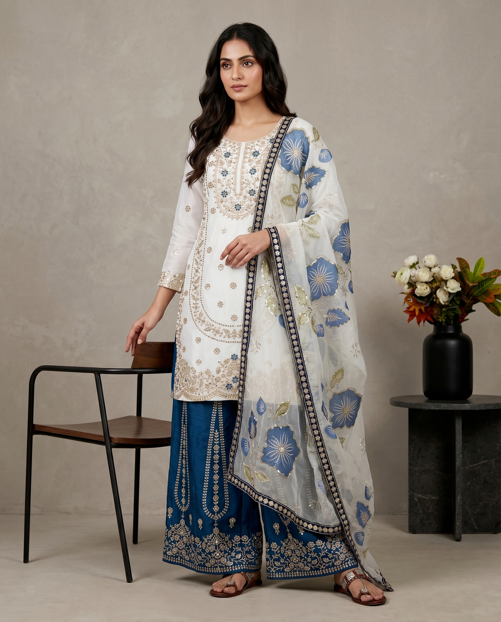 White Heritage Motif Pure Gmy Silk Sharara Suit