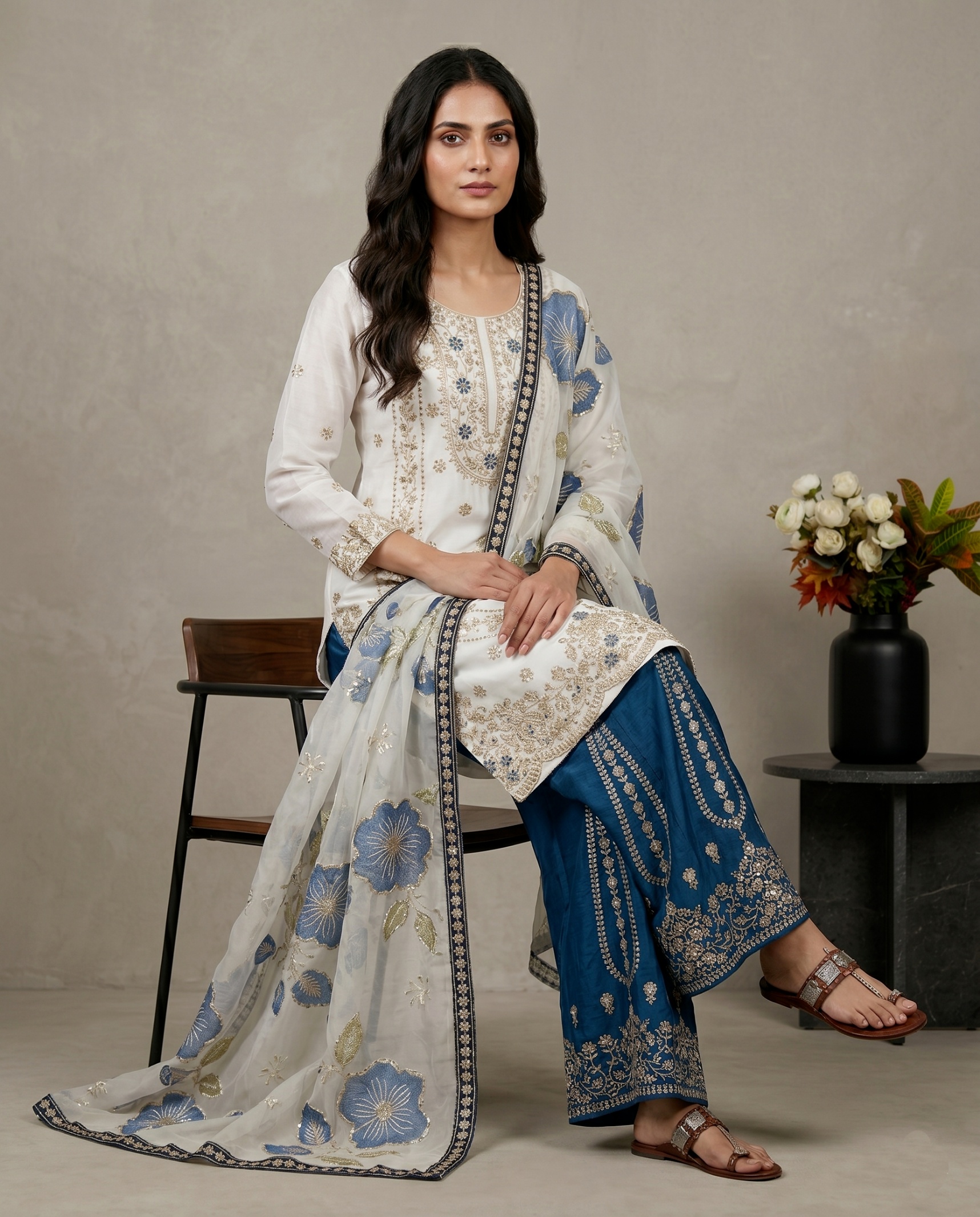 White Heritage Motif Pure Gmy Silk Sharara Suit — alternate view