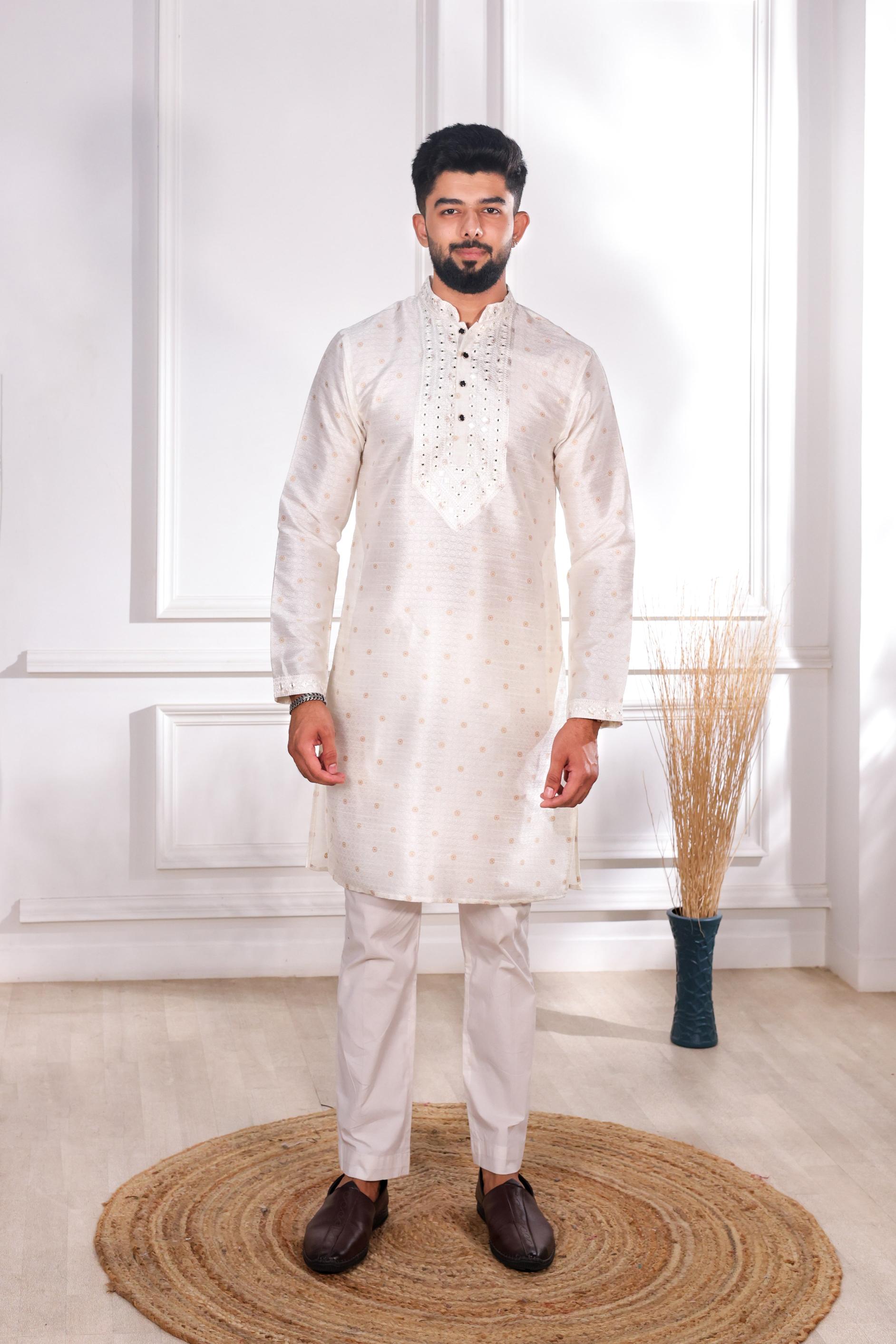 White Jacquard Silk Kurta Pyjama
