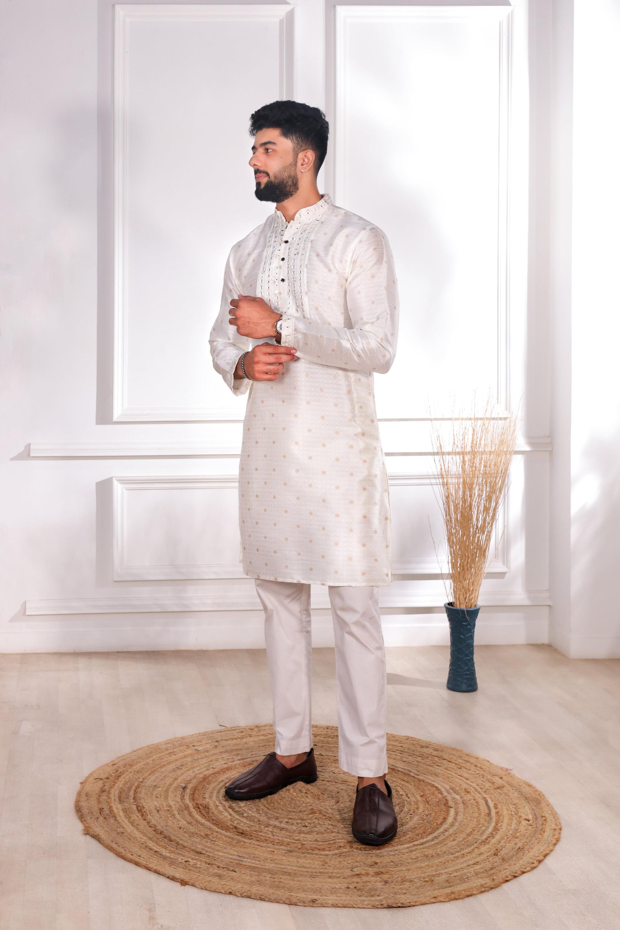 White Jacquard Silk Kurta Pyjama