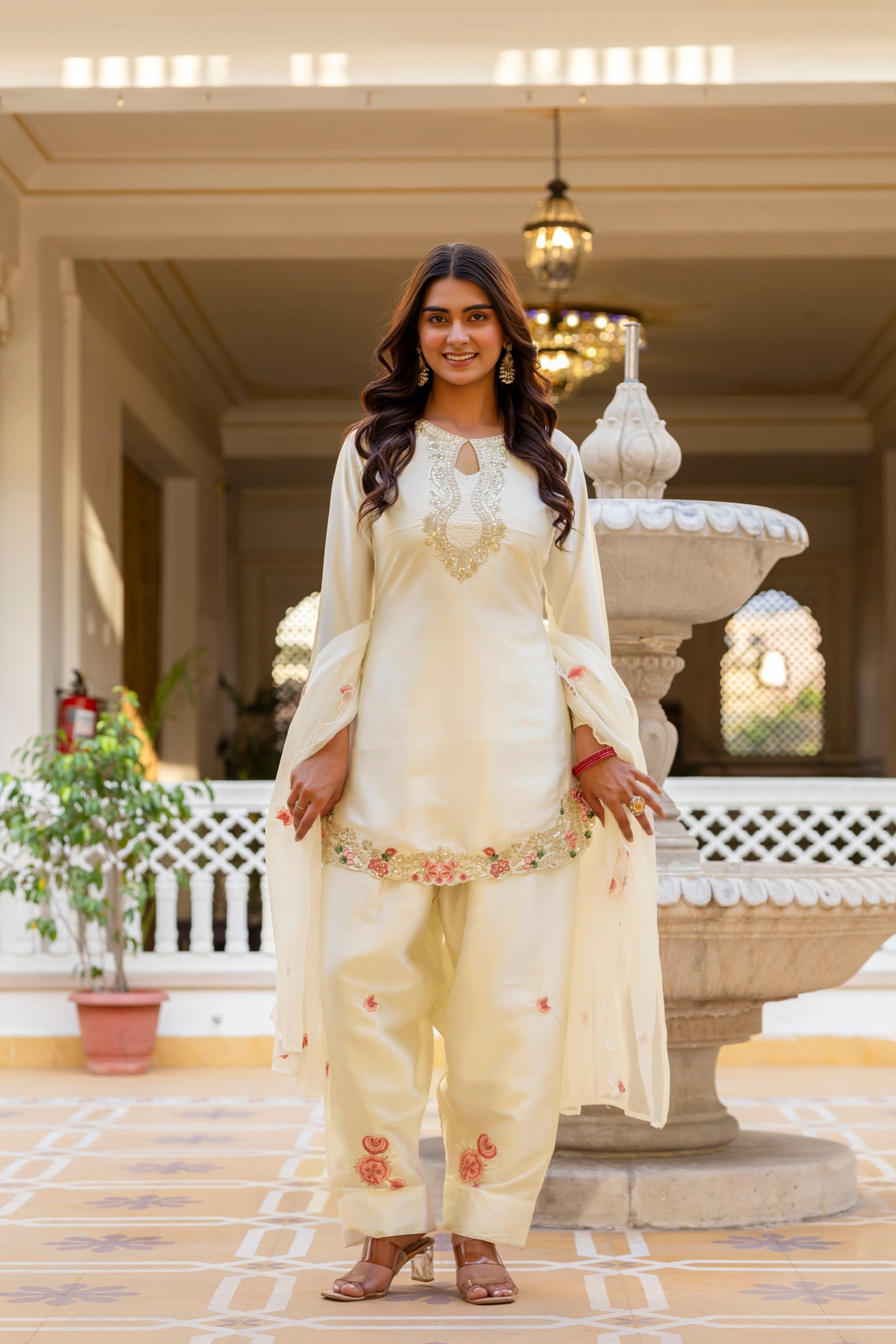 White Japan Satin Floral Embroidered Straight Kurta Set