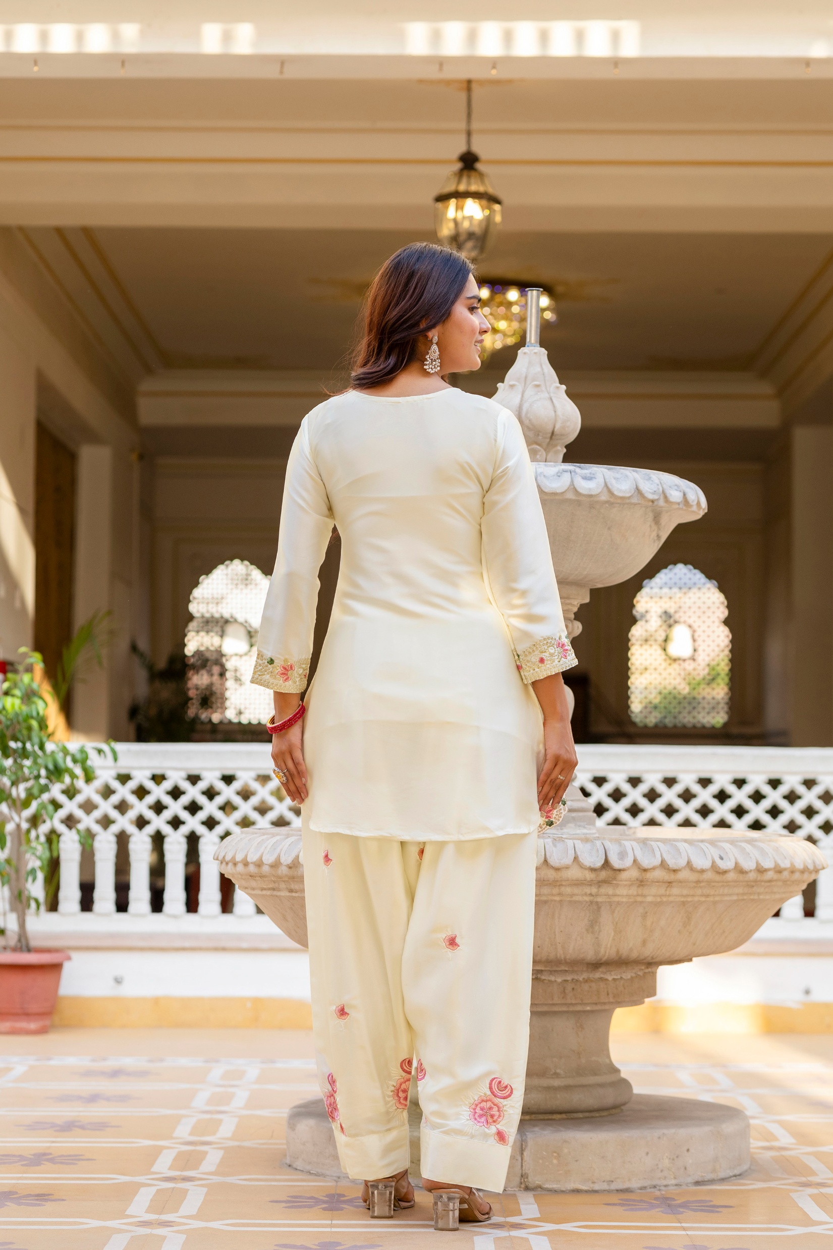 White Japan Satin Floral Embroidered Straight Kurta Set — alternate view
