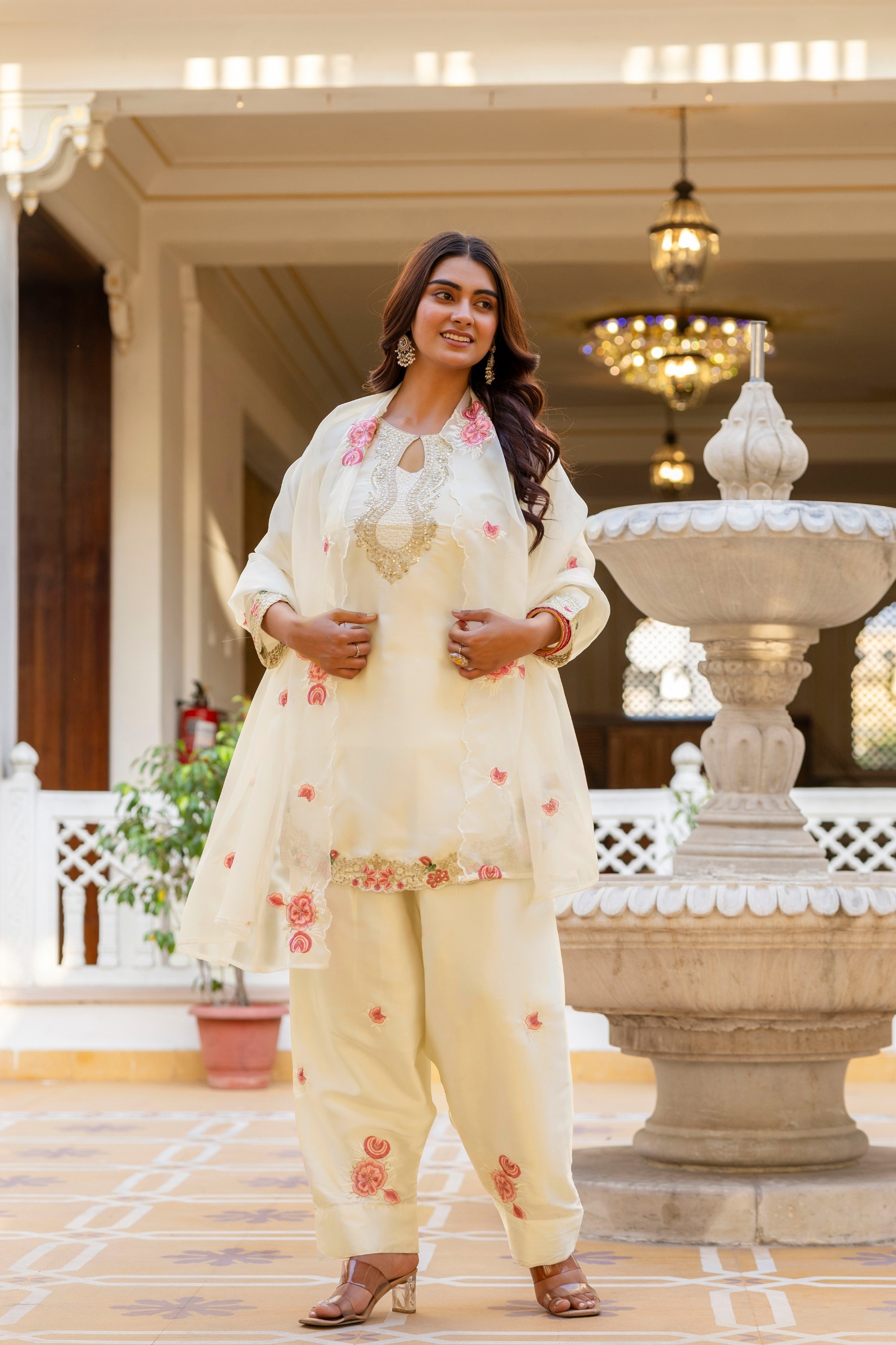 White Japan Satin Floral Embroidered Straight Kurta Set