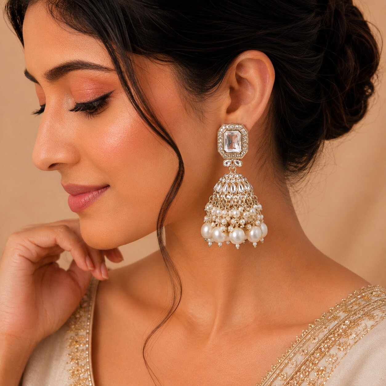 White Kundan Pearl Jhumka Earrings