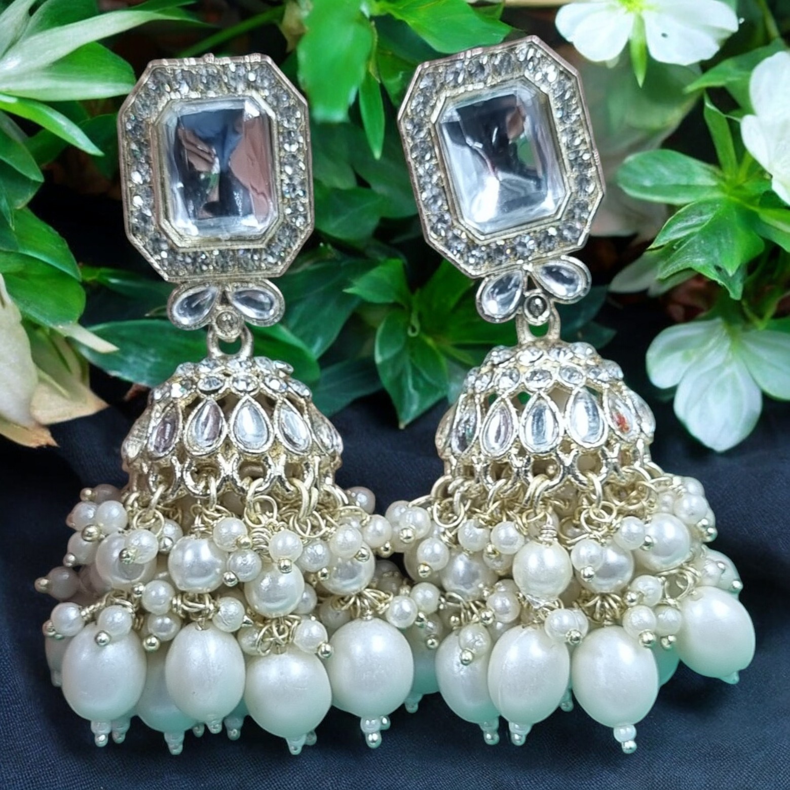 White Kundan Pearl Jhumka Earrings