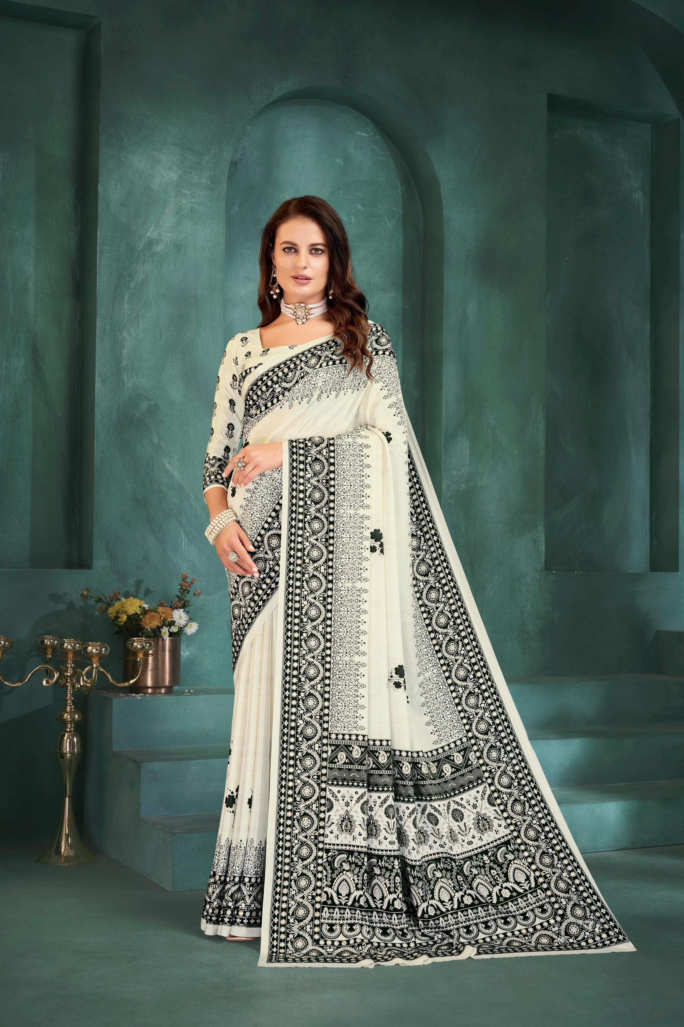 White Leaf Digital Foil Printed Crepe Silk