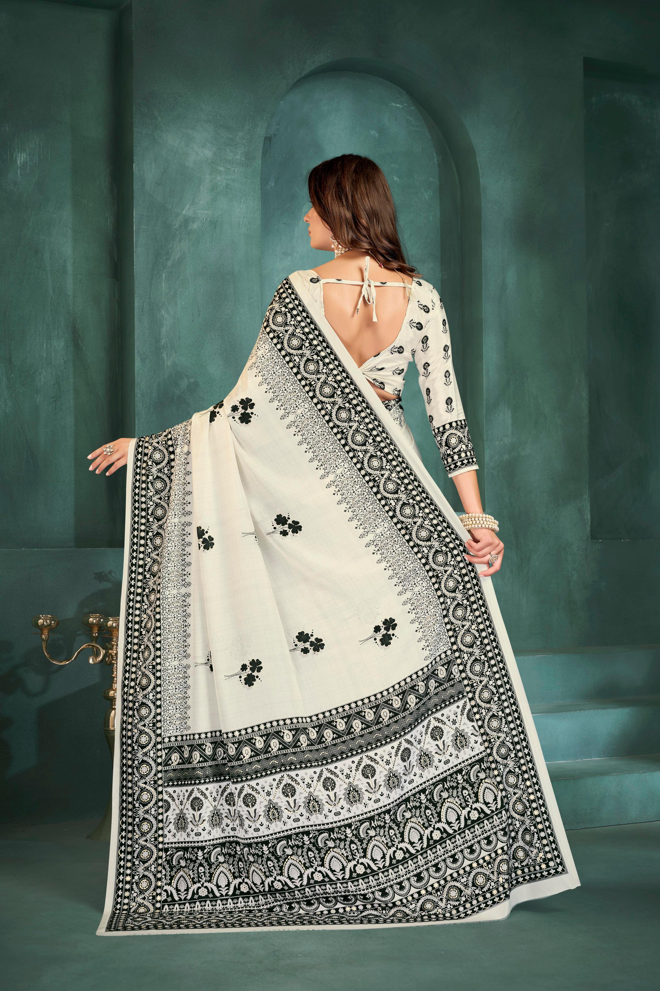 White Leaf Digital Foil Printed Crepe Silk — alternate view