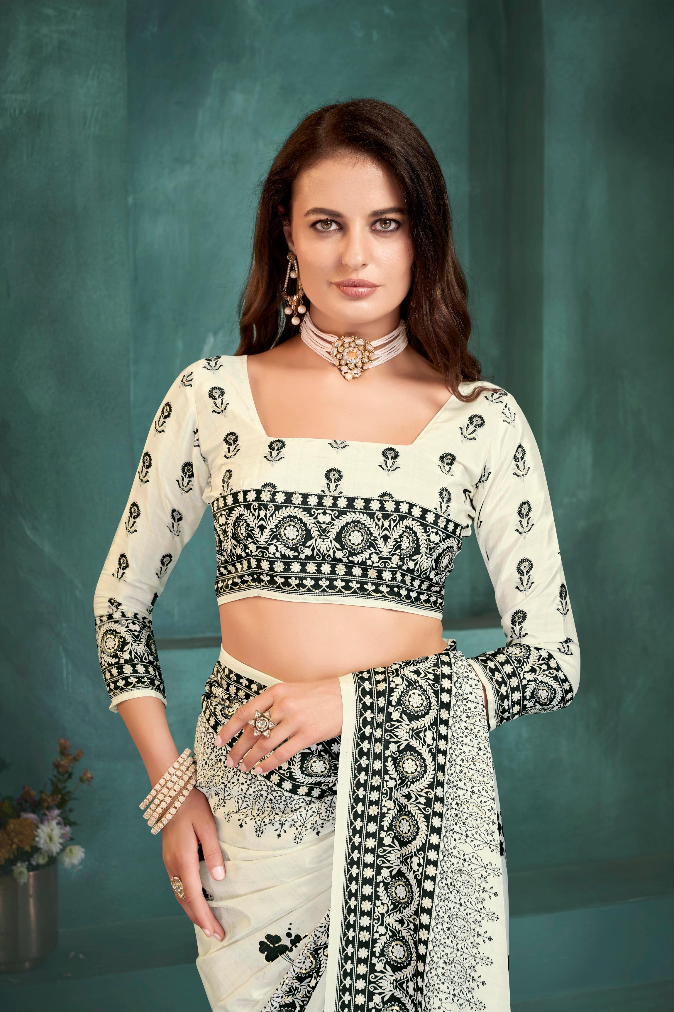 White Leaf Digital Foil Printed Crepe Silk
