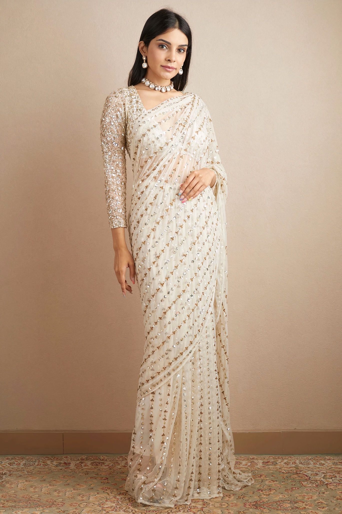 White Linear Sequin Net Saree