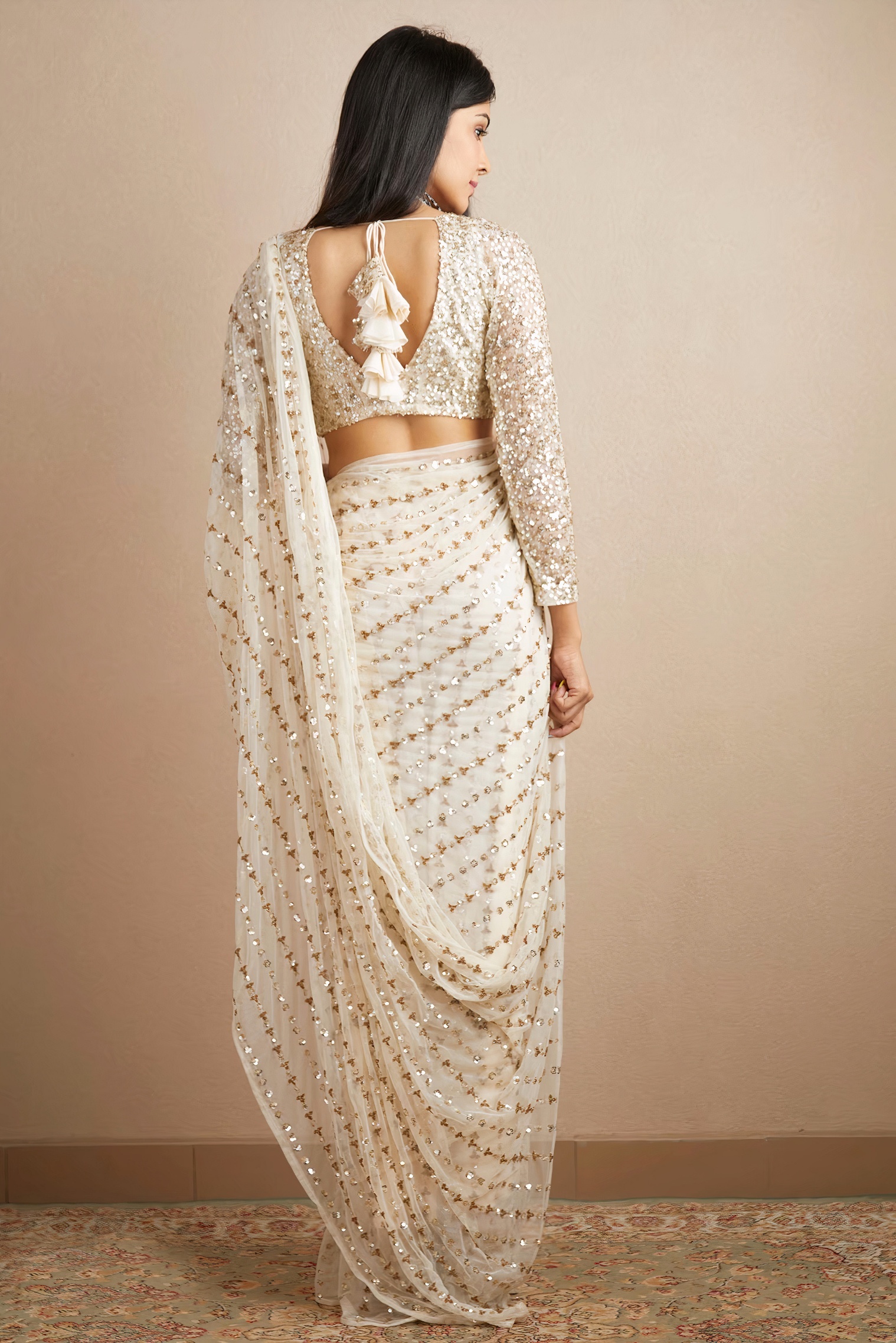 White Linear Sequin Net Saree — alternate view