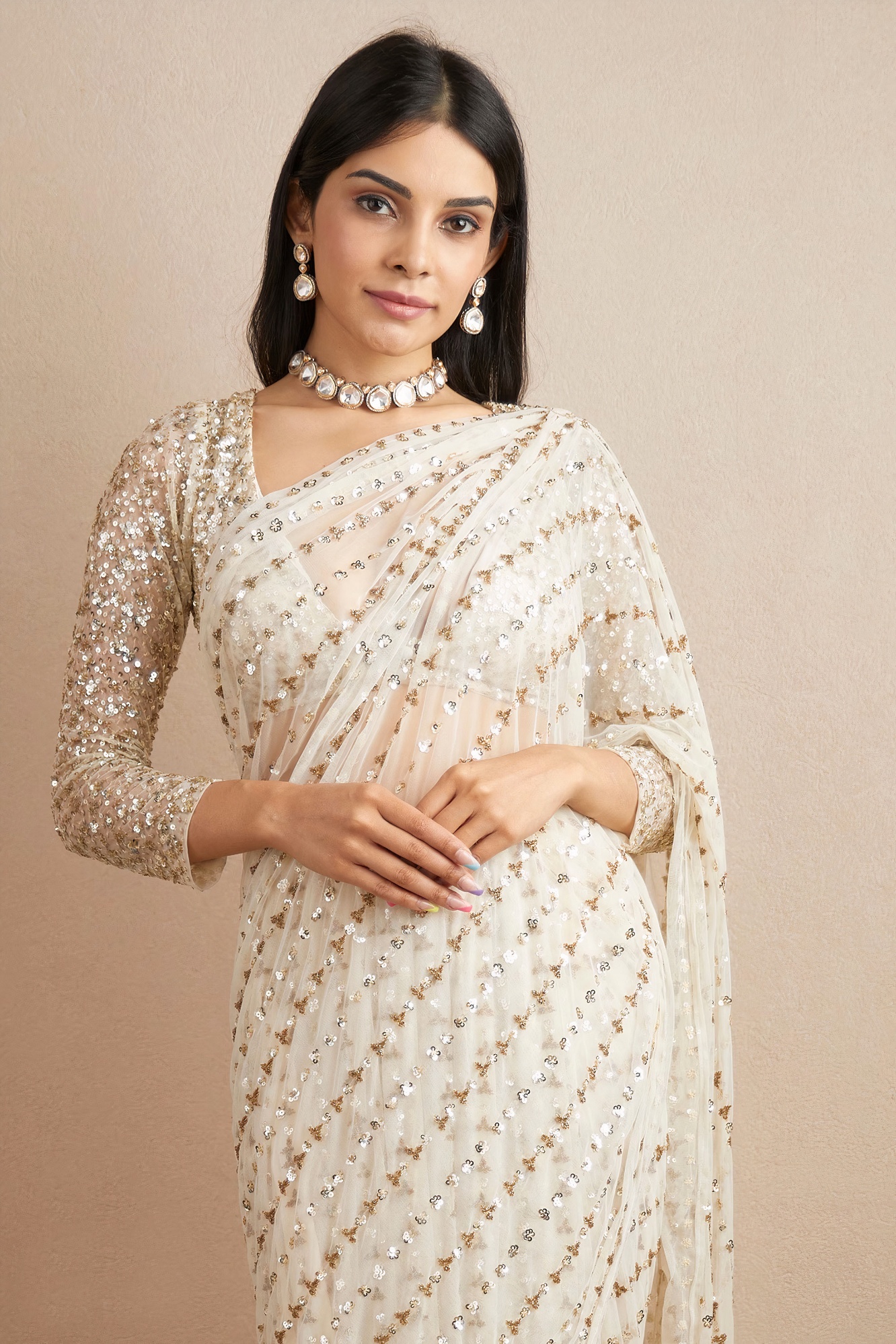 White Linear Sequin Net Saree
