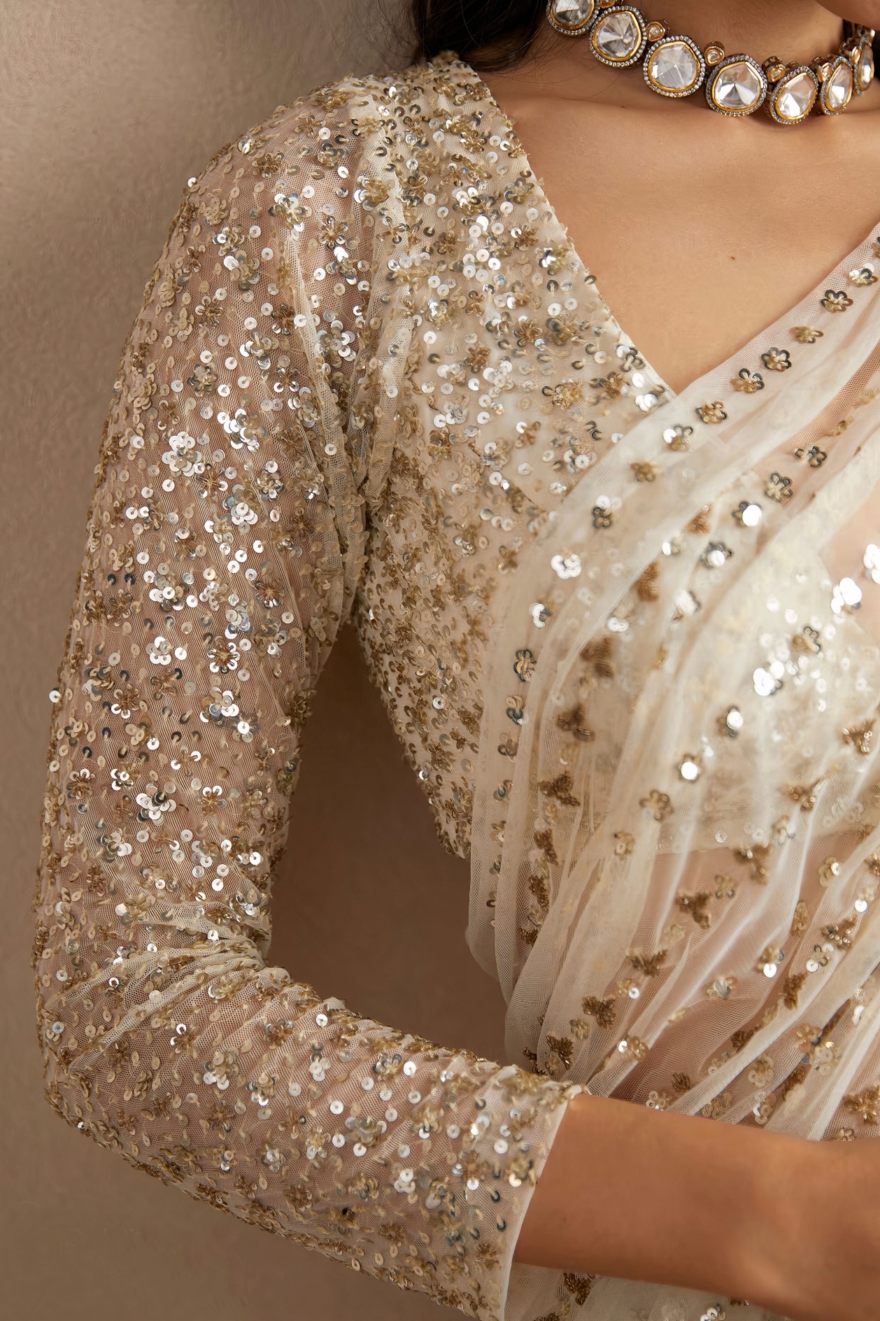 White Linear Sequin Net Saree
