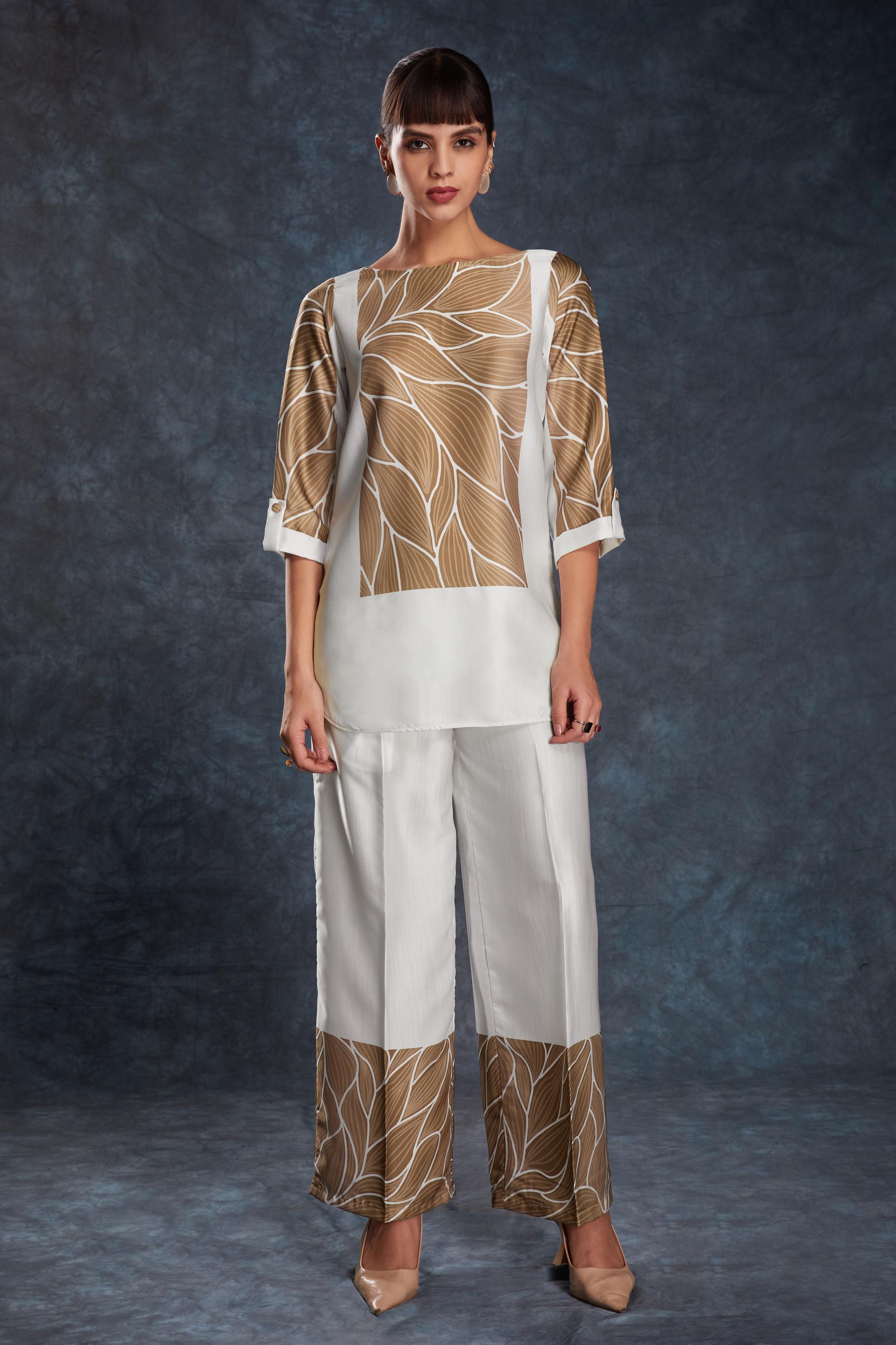 White Linen Satin Designer Printed Kurti