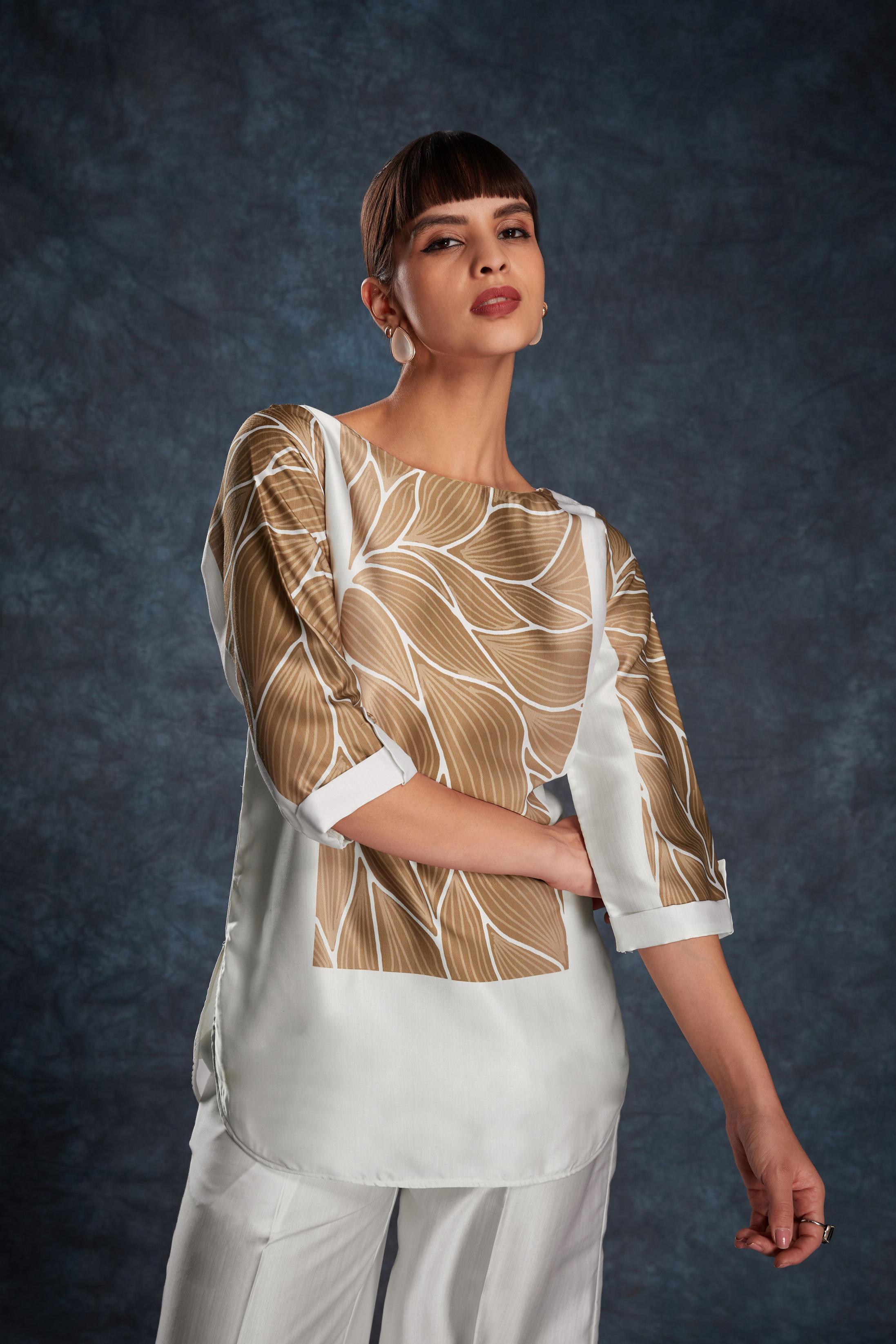 White Linen Satin Designer Printed Kurti — alternate view
