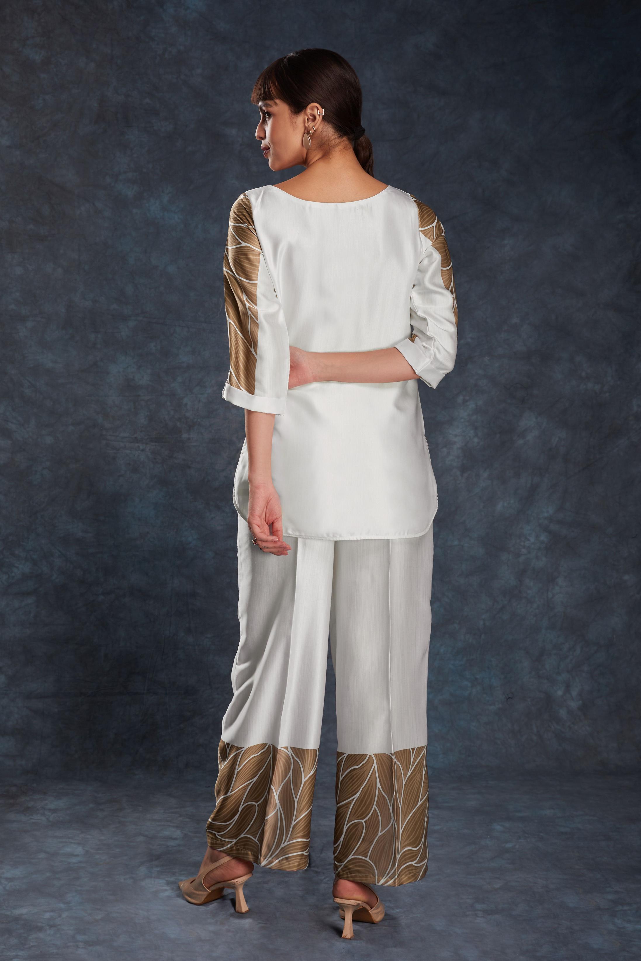 White Linen Satin Designer Printed Kurti