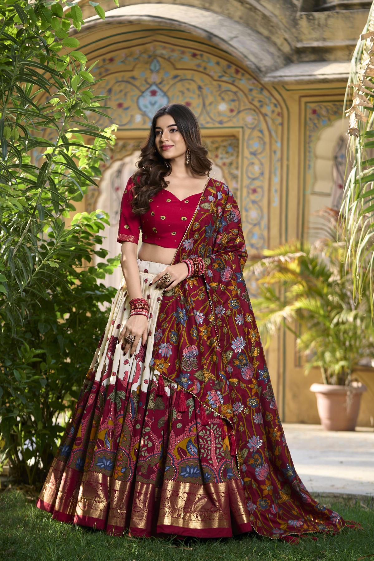 White Maroon Foil Printed Tussar Silk Lehenga Choli