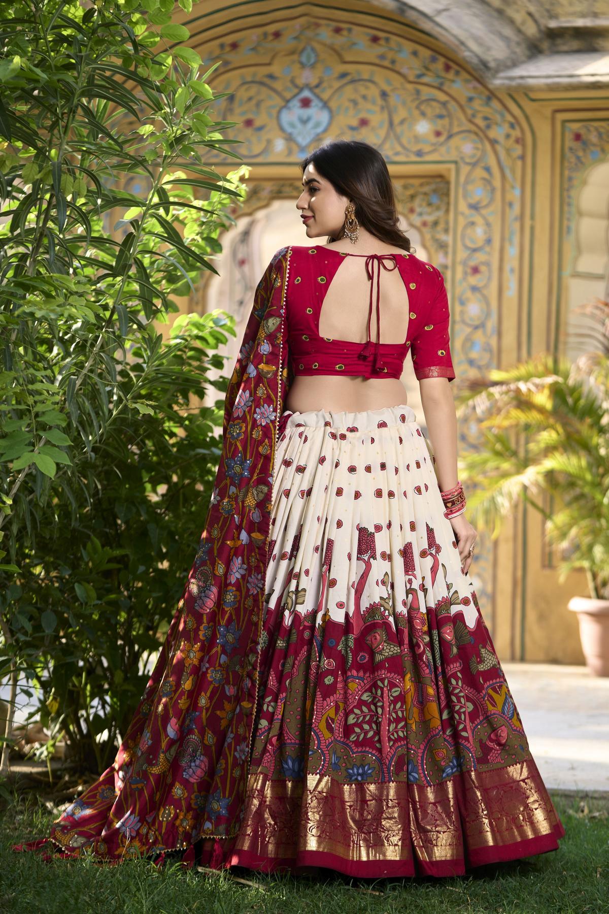 White Maroon Foil Printed Tussar Silk Lehenga Choli — alternate view