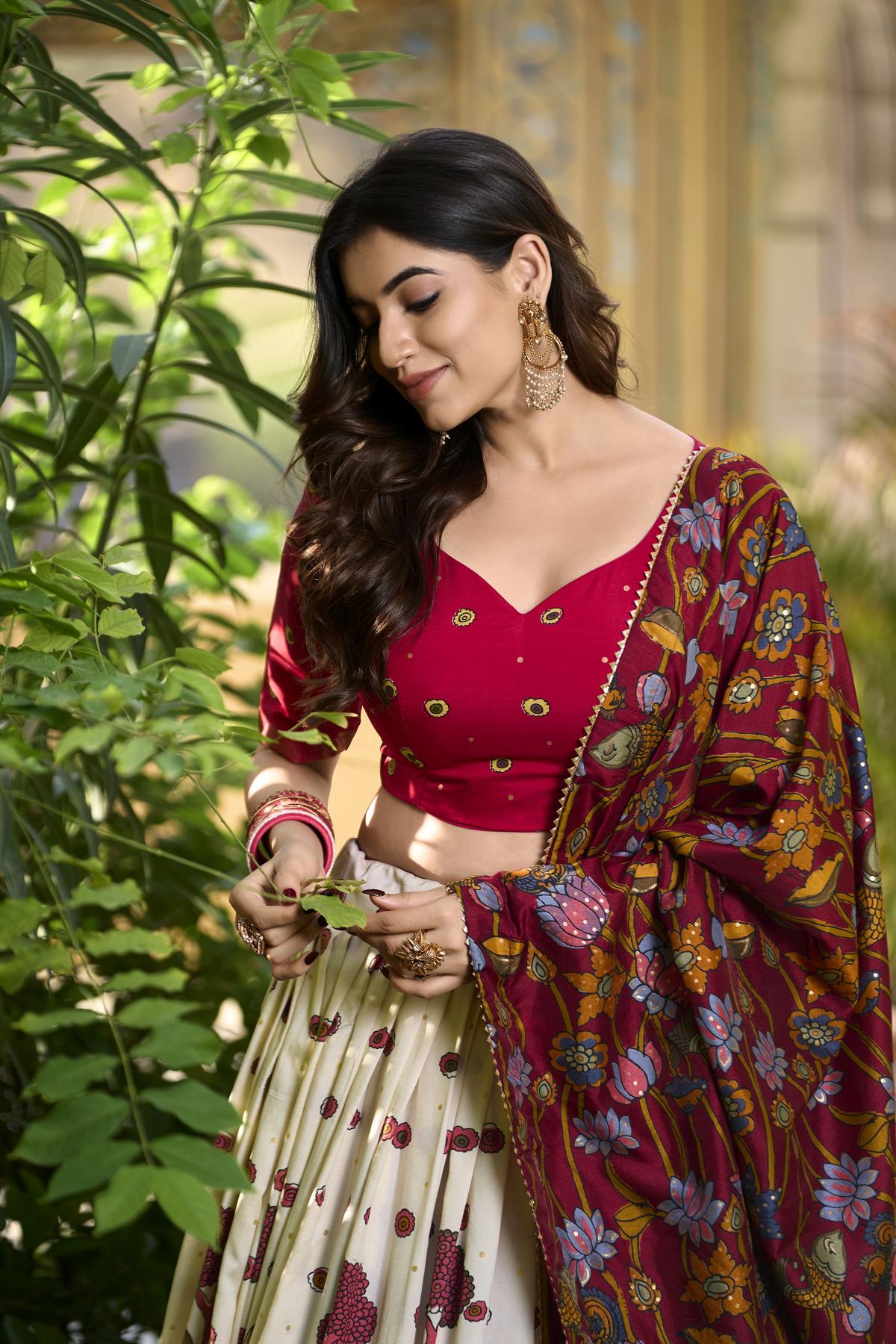 White Maroon Foil Printed Tussar Silk Lehenga Choli