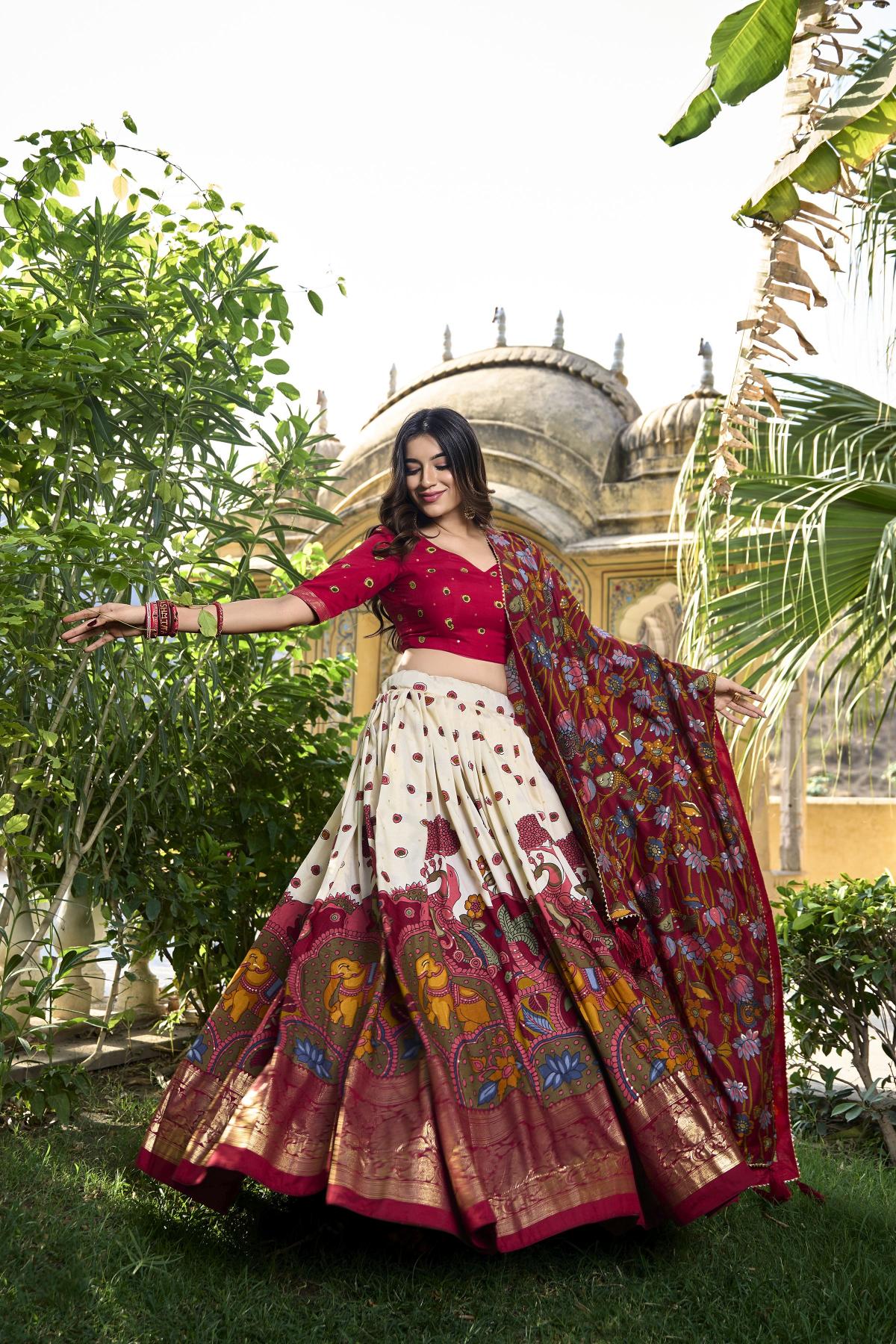 White Maroon Foil Printed Tussar Silk Lehenga Choli