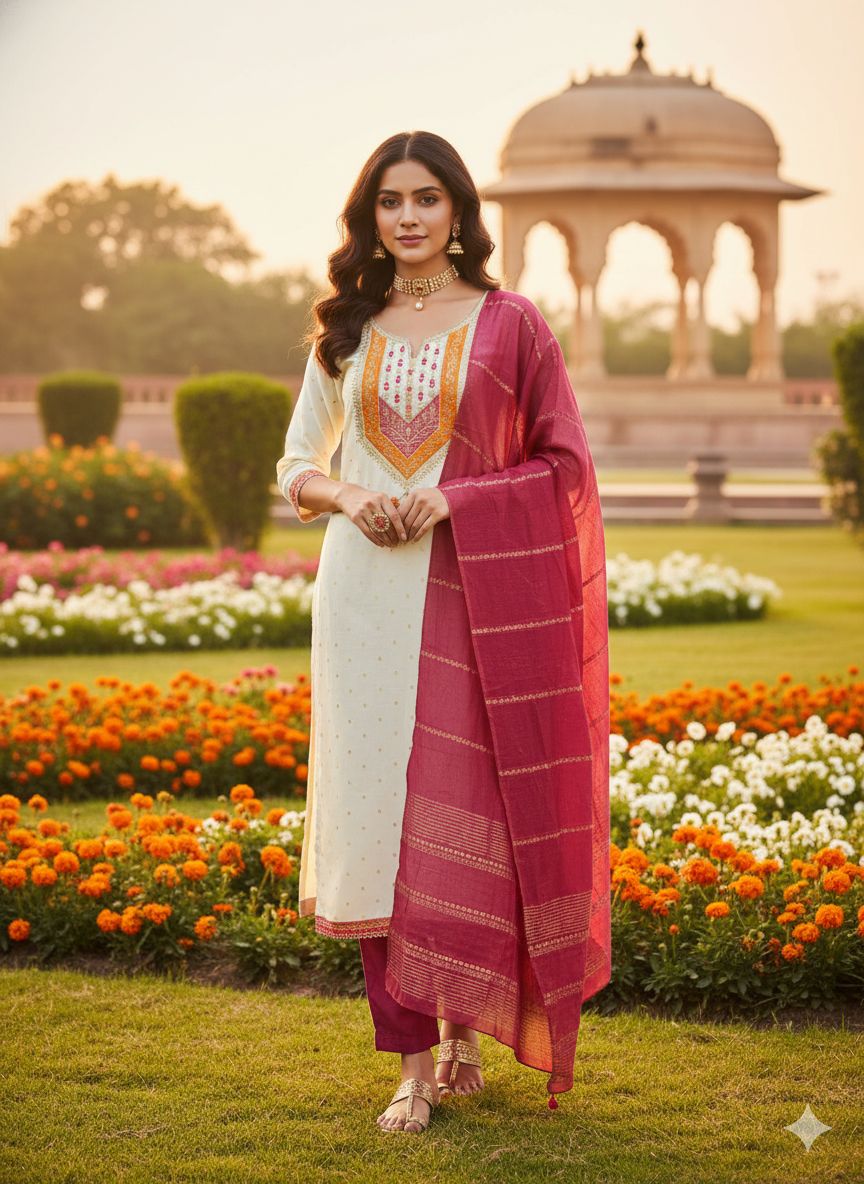White Maroon Modal Buti Embroidered Salwar Suit