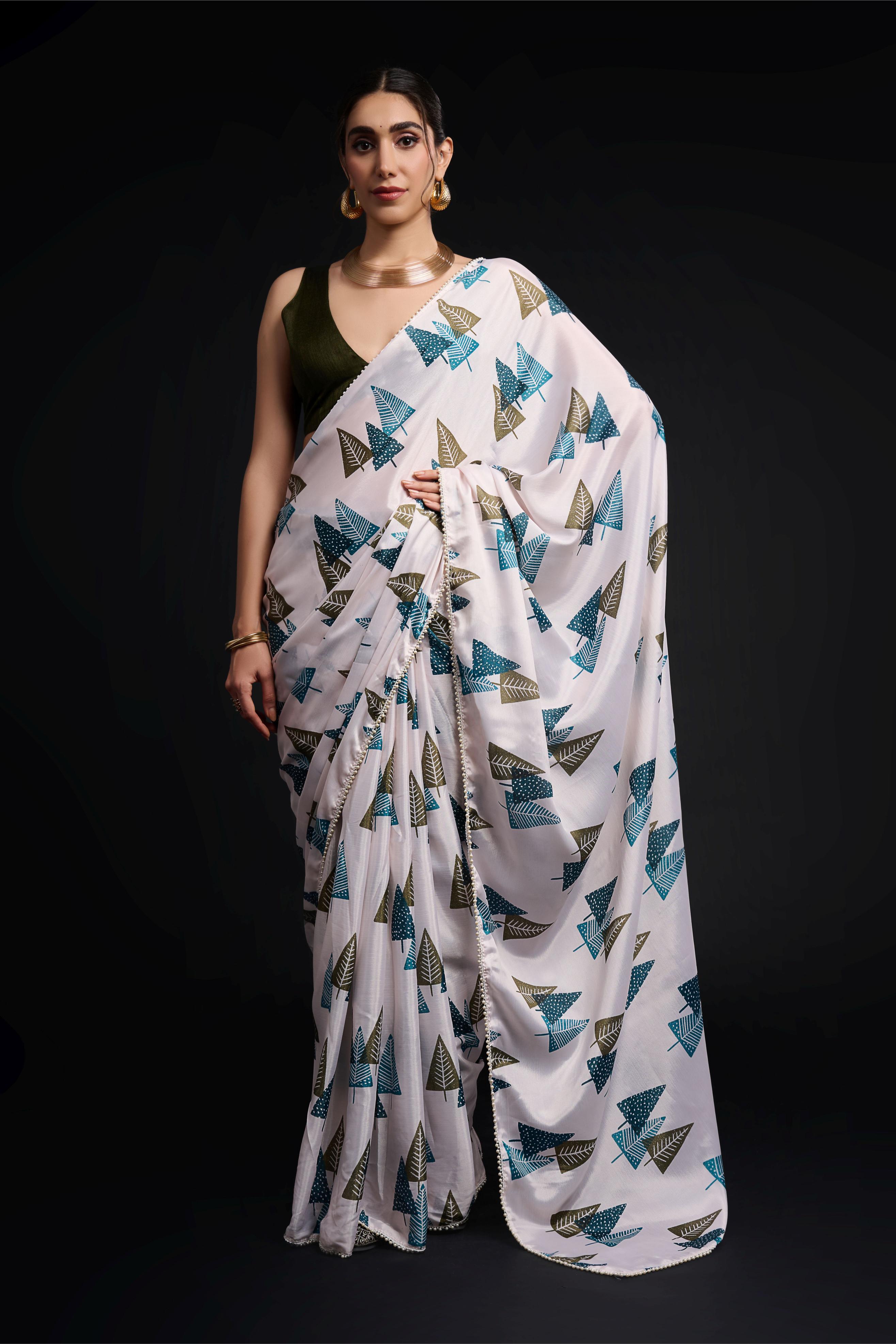 White Mehendi Printed Chinon Ready-to-Wear Saree
