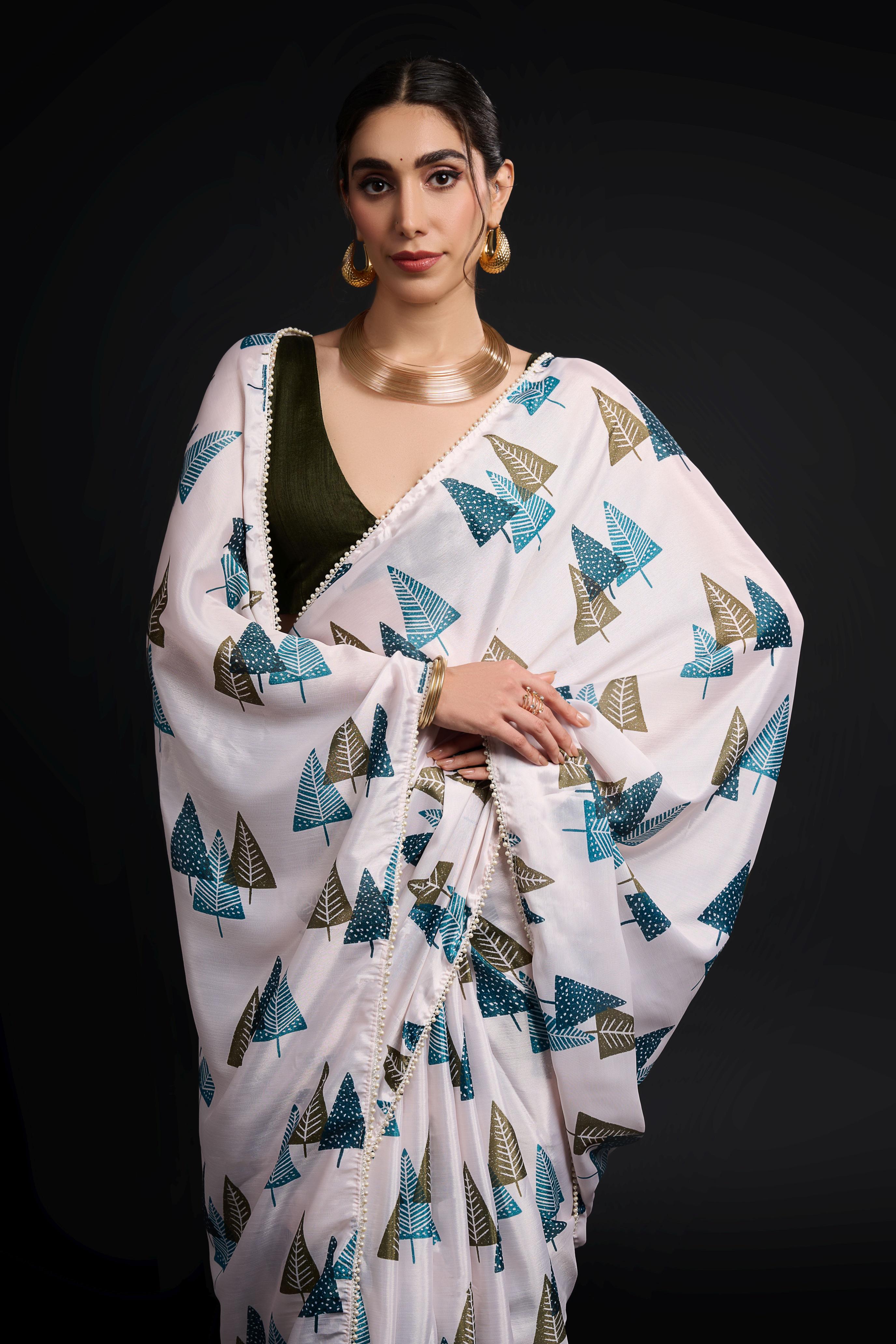 White Mehendi Printed Chinon Ready-to-Wear Saree — alternate view