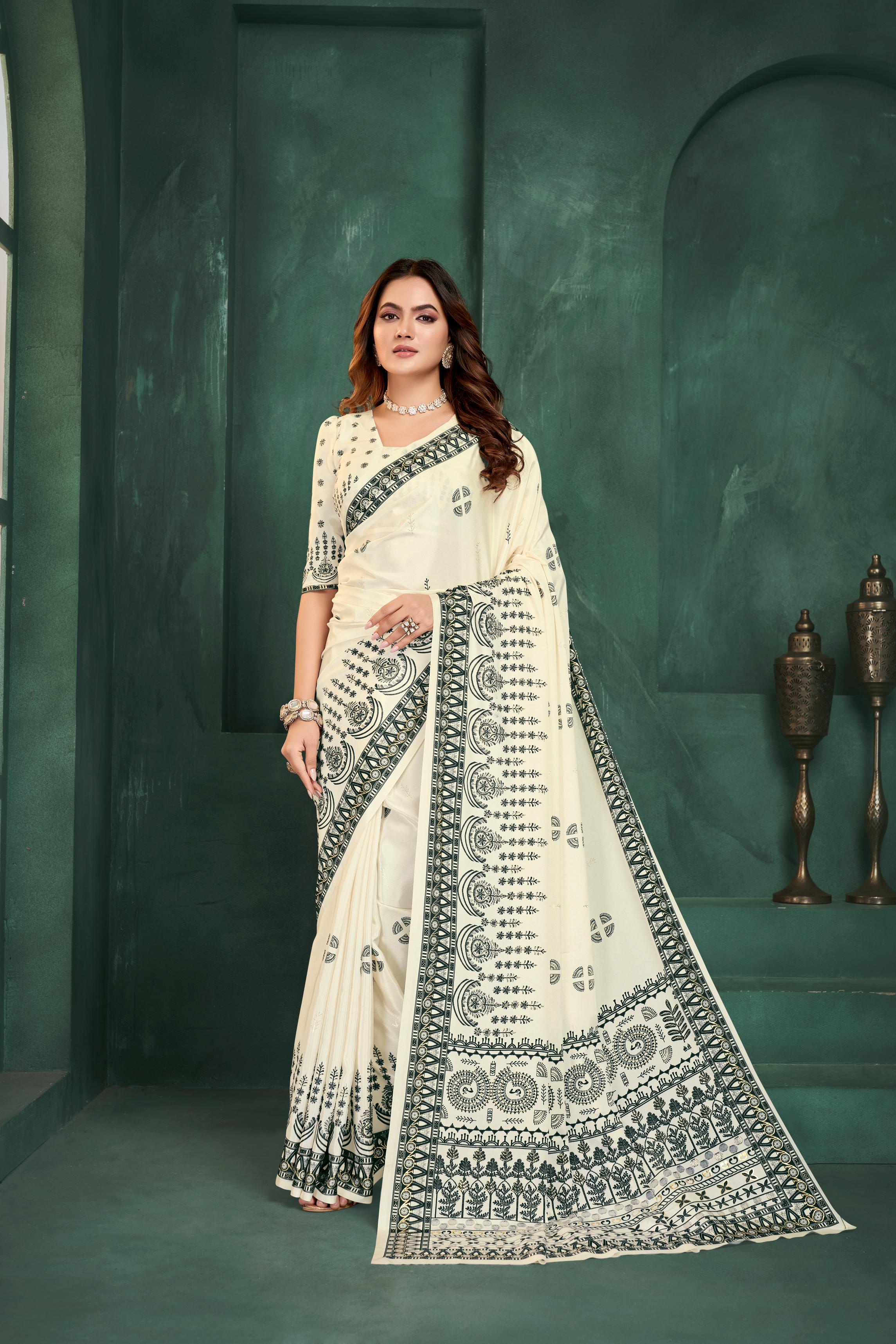 White Motif Digital Foil Printed Crepe Silk