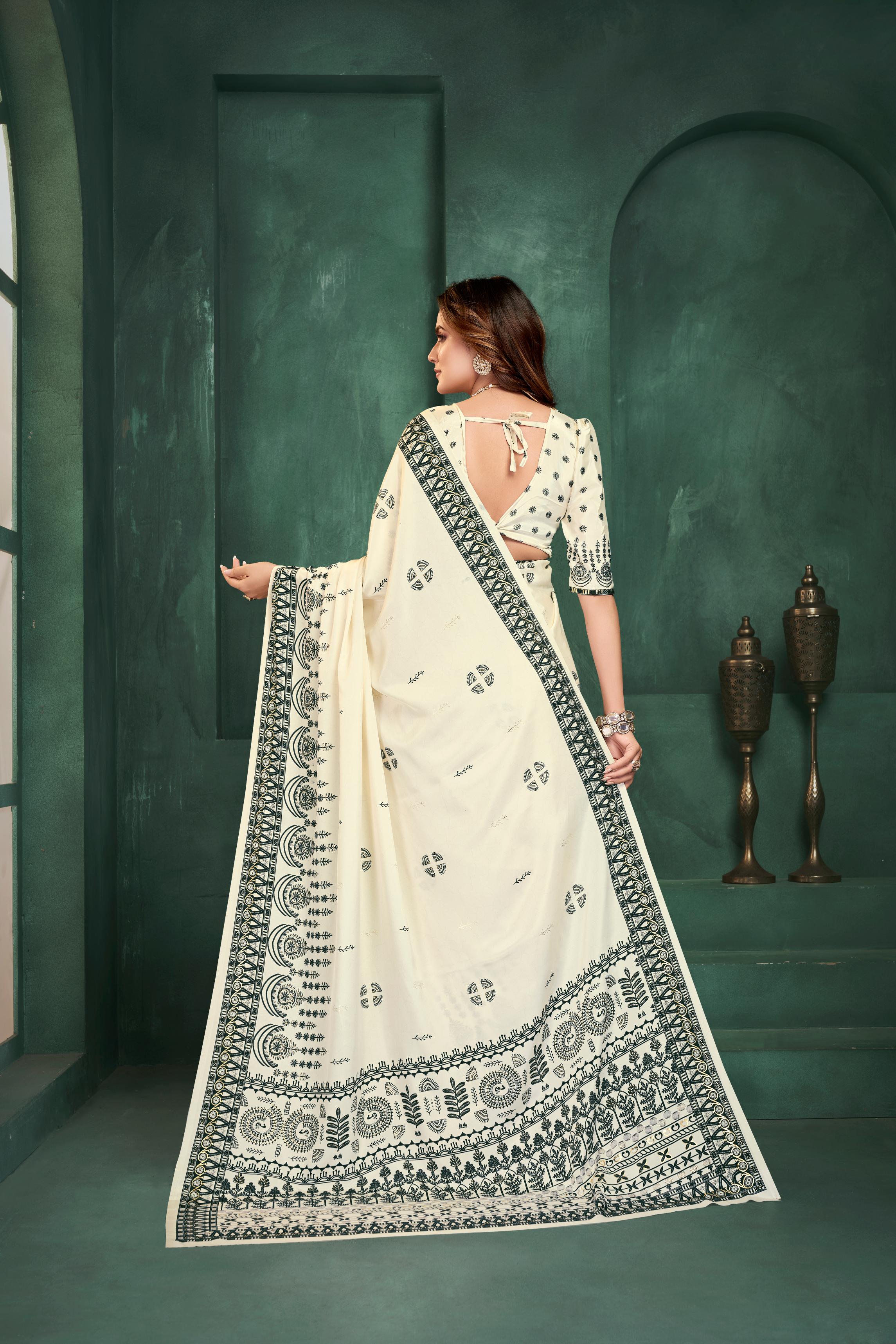White Motif Digital Foil Printed Crepe Silk — alternate view