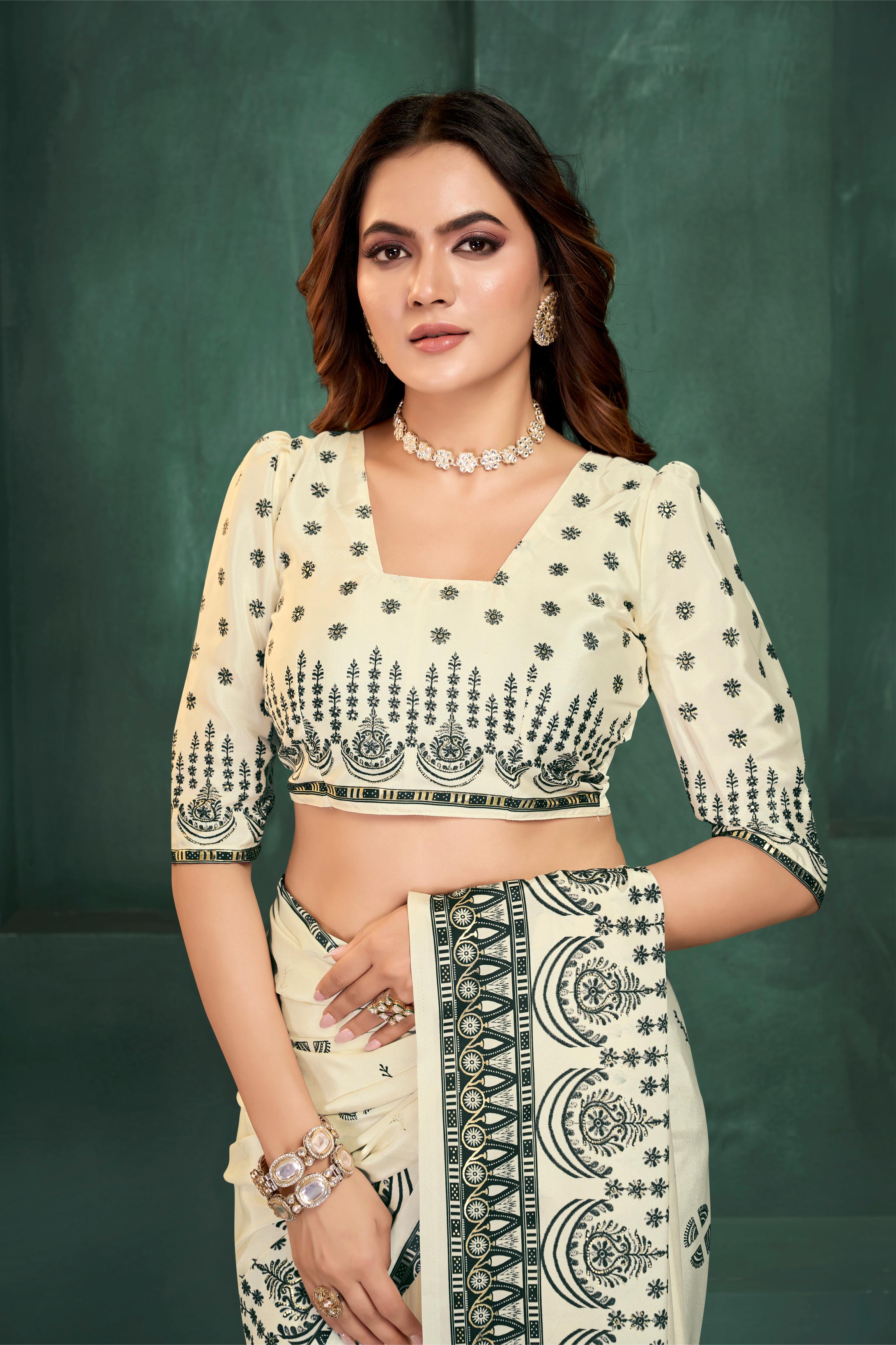 White Motif Digital Foil Printed Crepe Silk