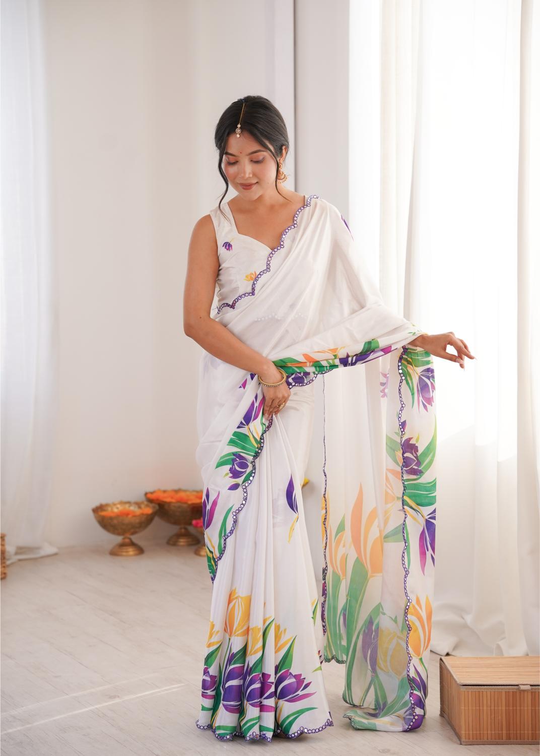 White Multi Chinon Digital Printed Mirror Cut Work Saree