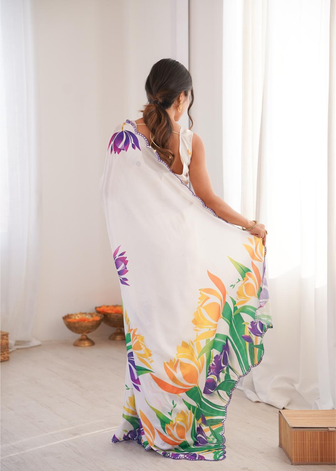 White Multi Chinon Digital Printed Mirror Cut Work Saree — alternate view